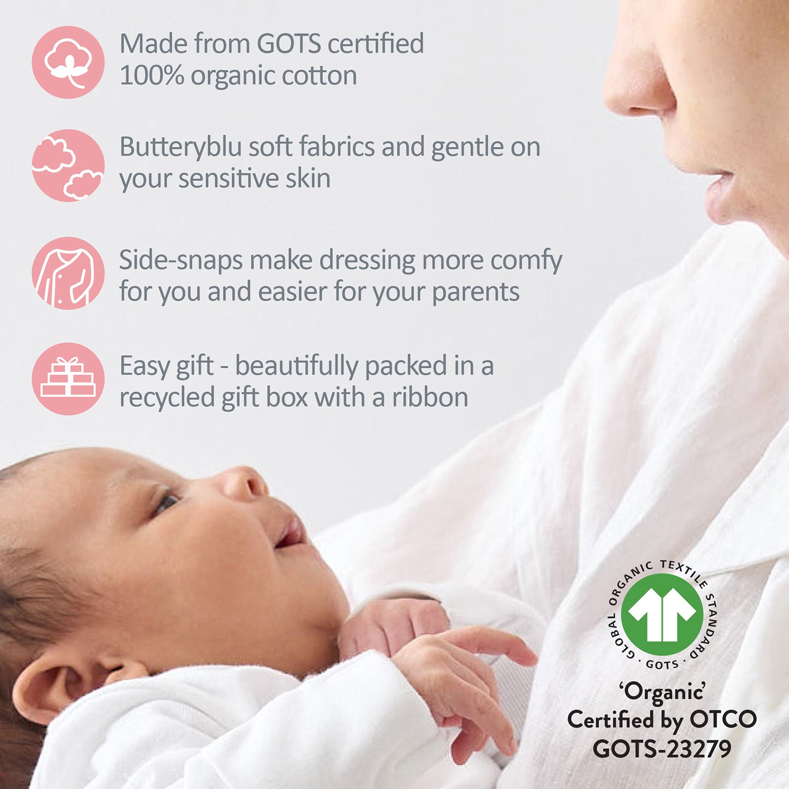 Baby wrapped in organic cotton fabric with product features listed on a light gray background.