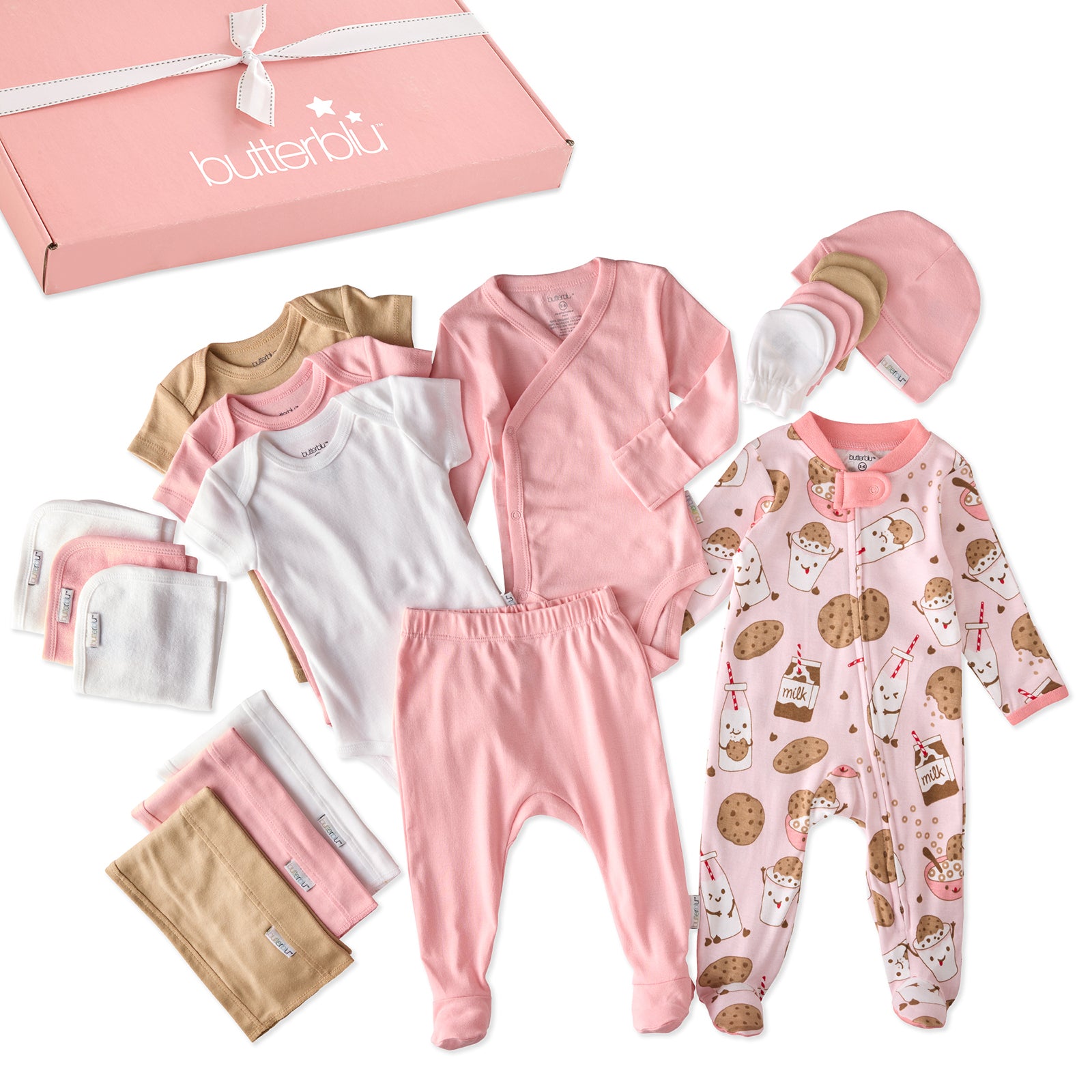 Collection of baby clothes including onesies, pants, and a hat on a white background with 'butterblu' branding.
