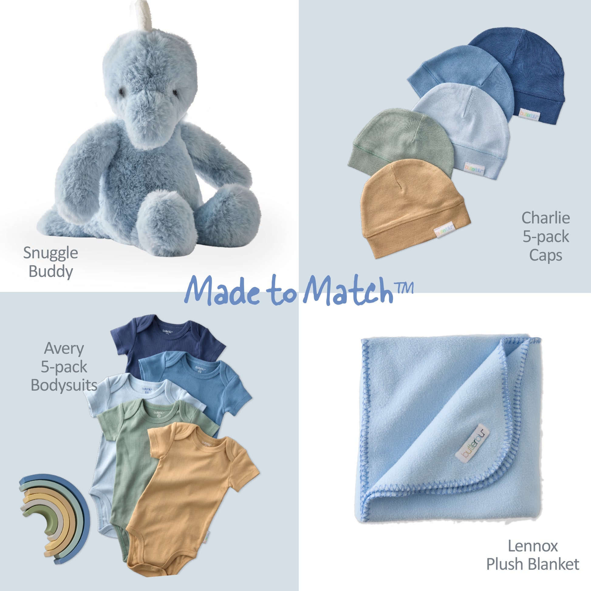 Baby product set including a stuffed animal, caps, bodysuits, and a blanket with 'Made to Match' text on a light blue background.