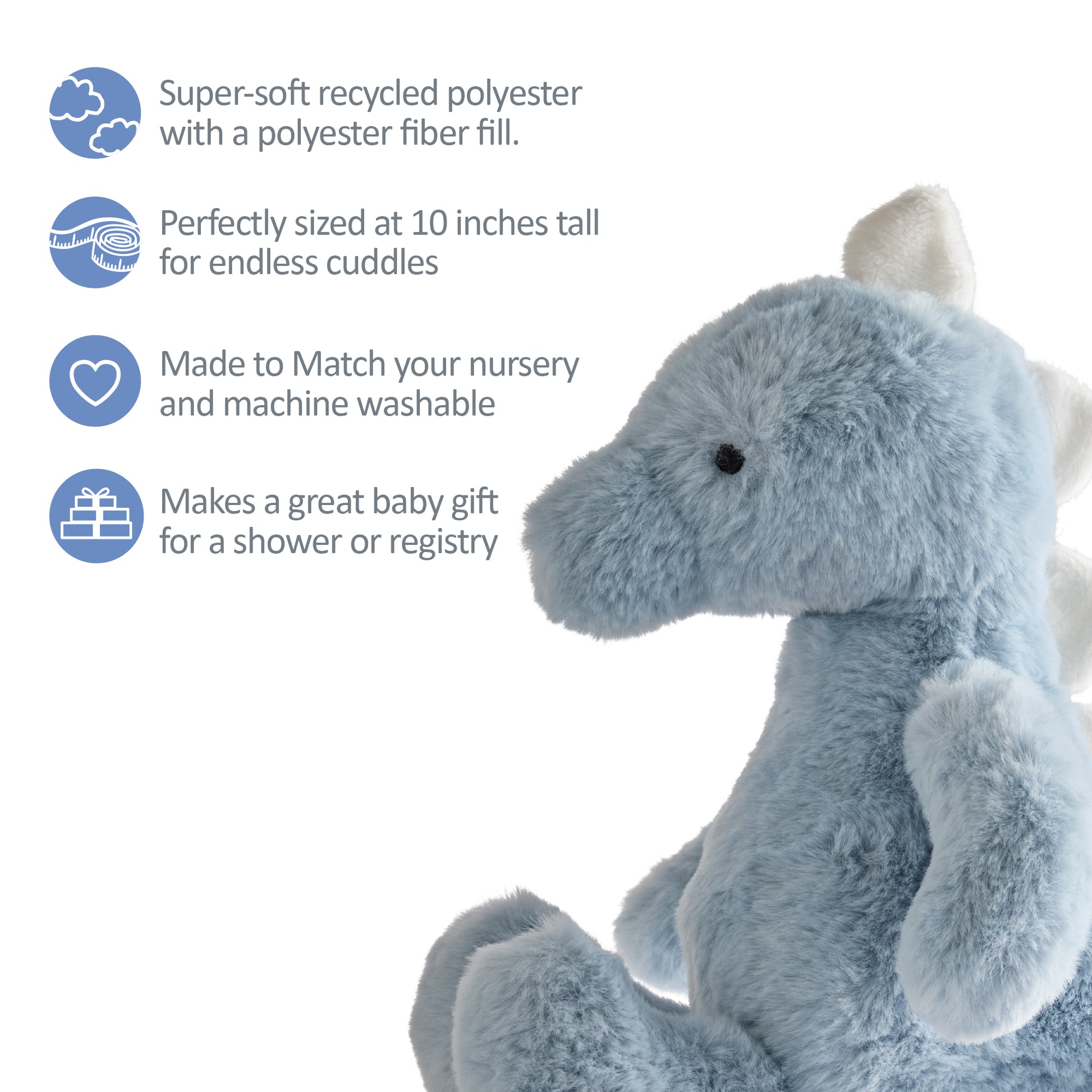 Blue plush elephant toy with text about its features on a white background