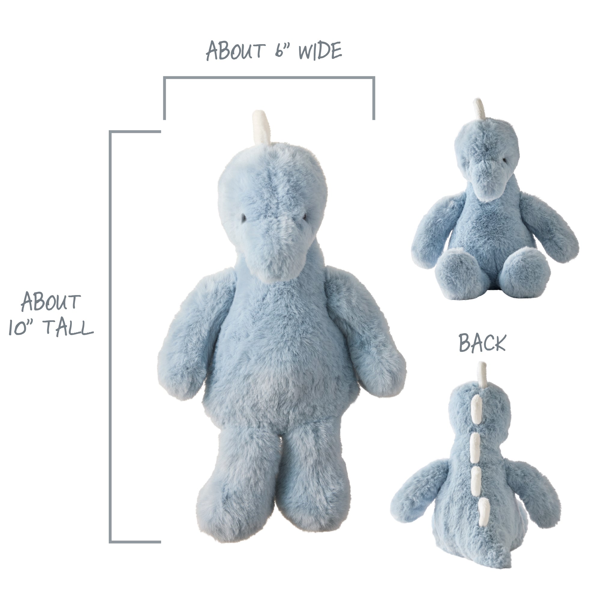 Blue plush toy with measurements and views on a white background