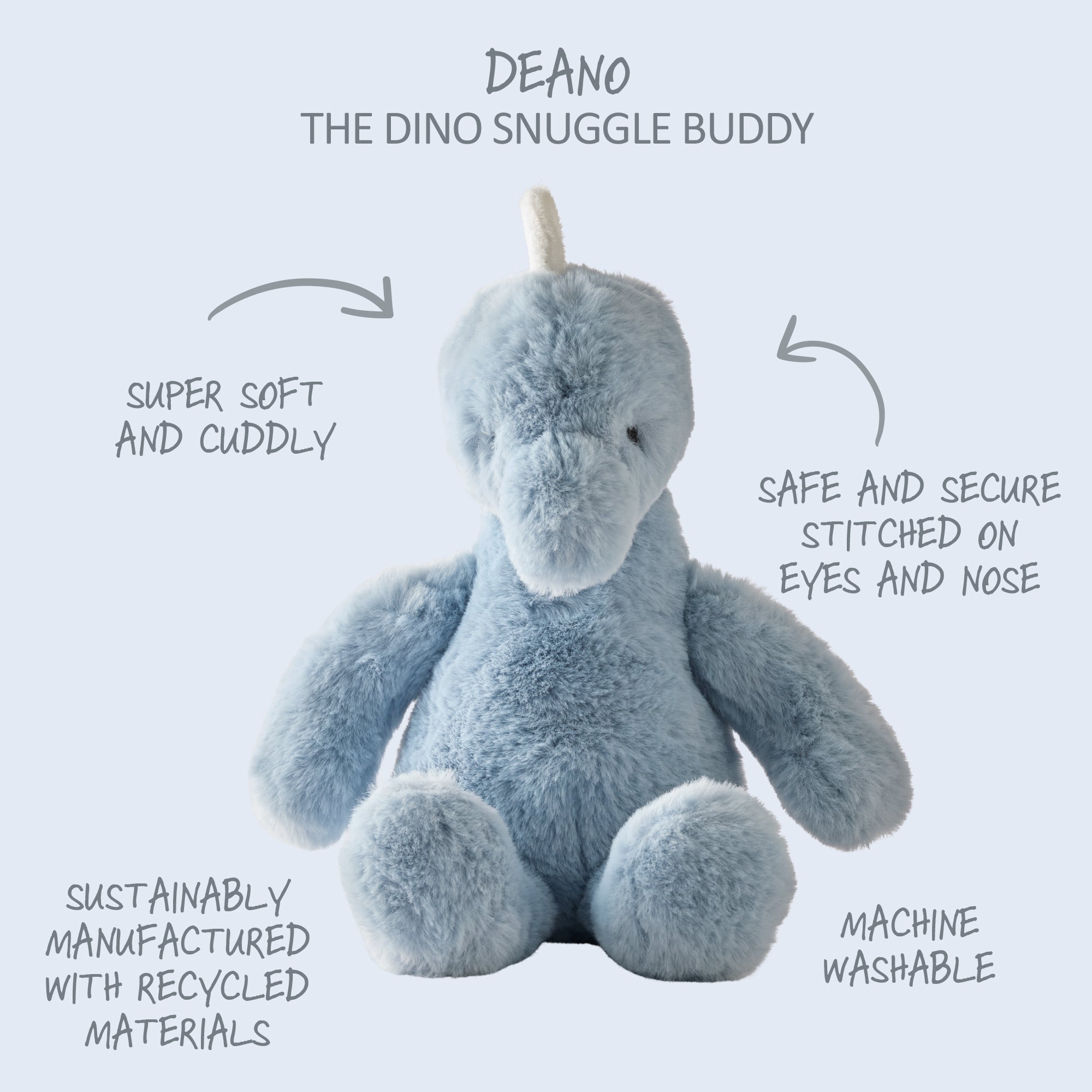 Blue plush dinosaur toy labeled 'Deano the Dino Snuggle Buddy' on a light gray background.