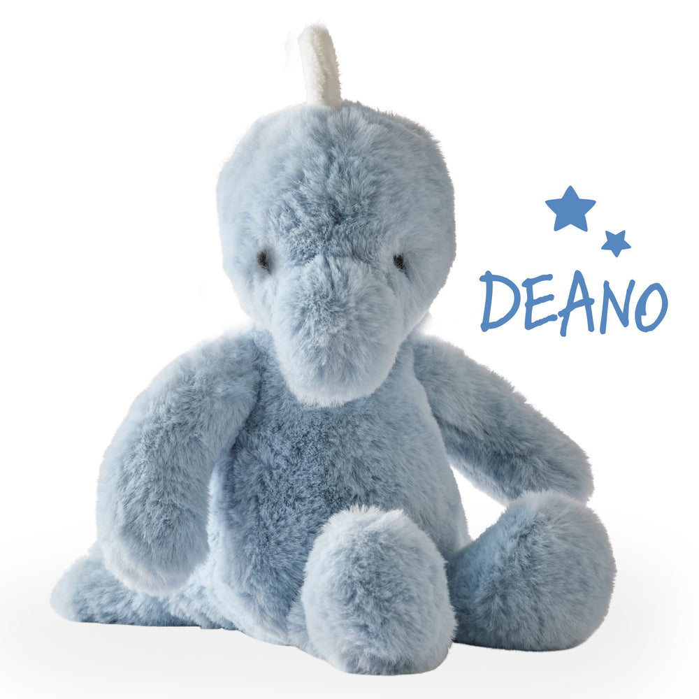 Blue plush toy with 'DEANO' branding on a white background