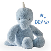 Blue plush toy with 'DEANO' branding on a white background