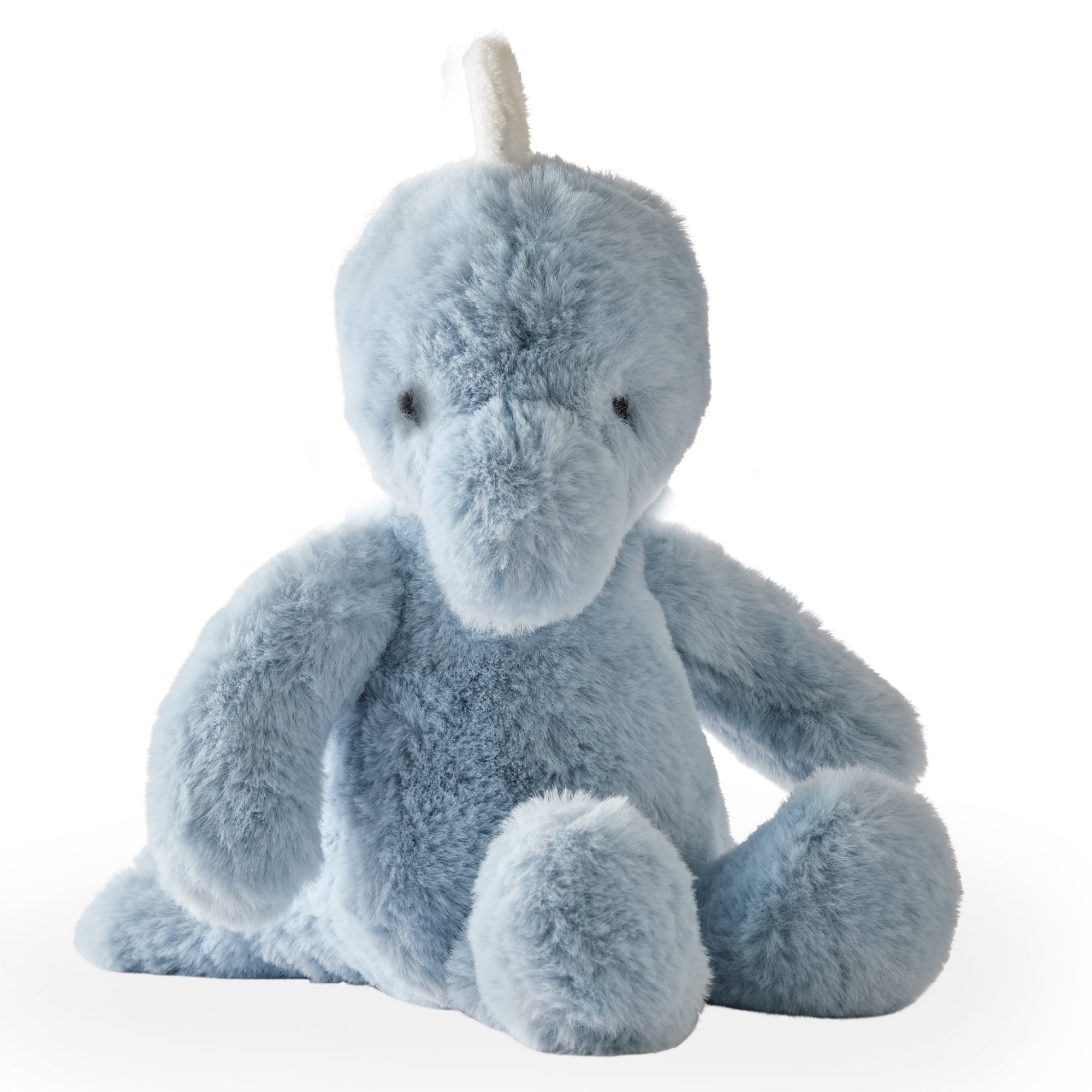Blue plush unicorn toy on a white background