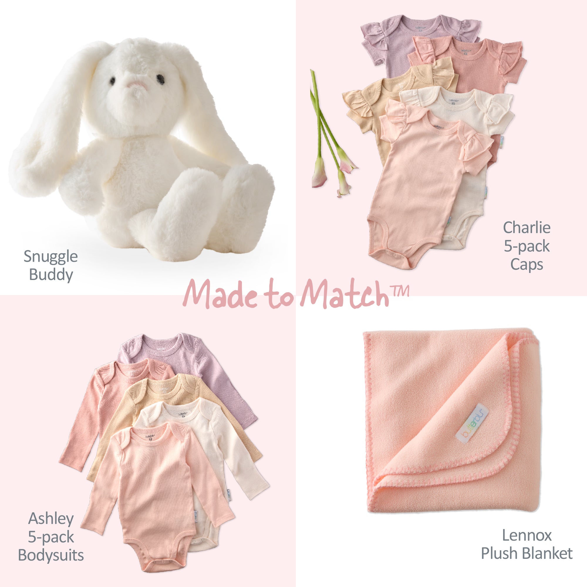 Baby products including a plush bunny, baby clothes, and a blanket with 'Made to Match' text on a pink background.
