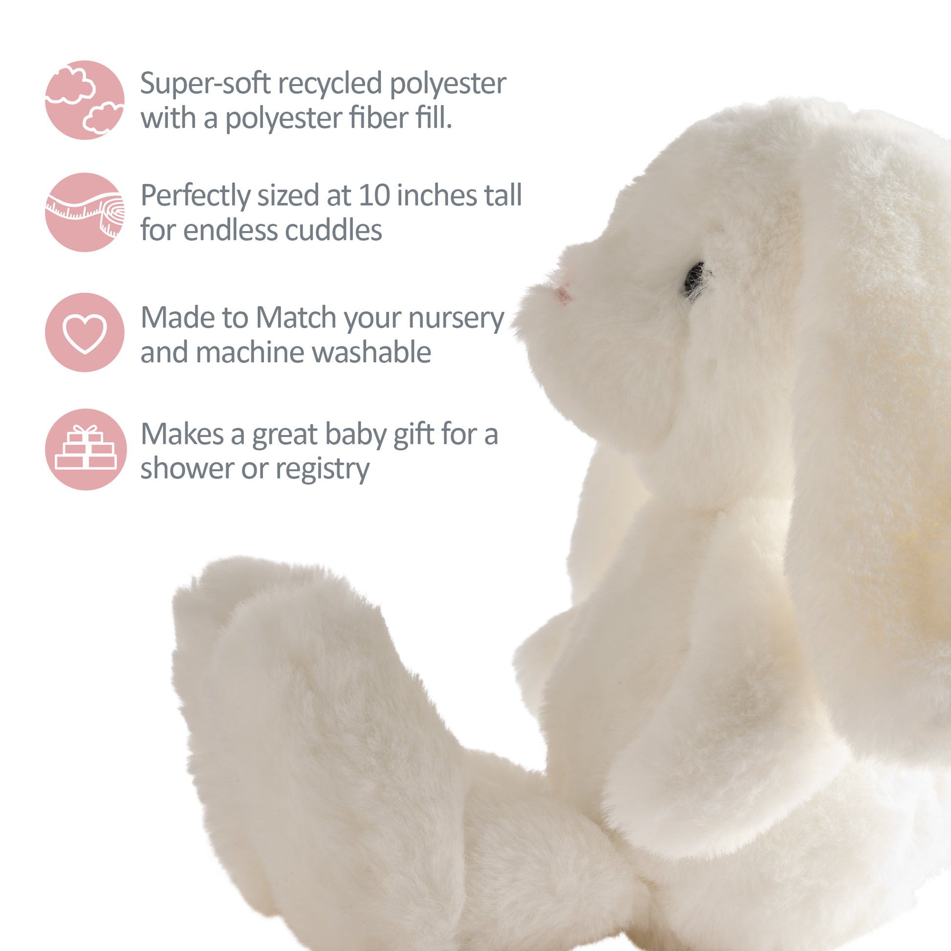 White teddy bear with text about its features on a white background
