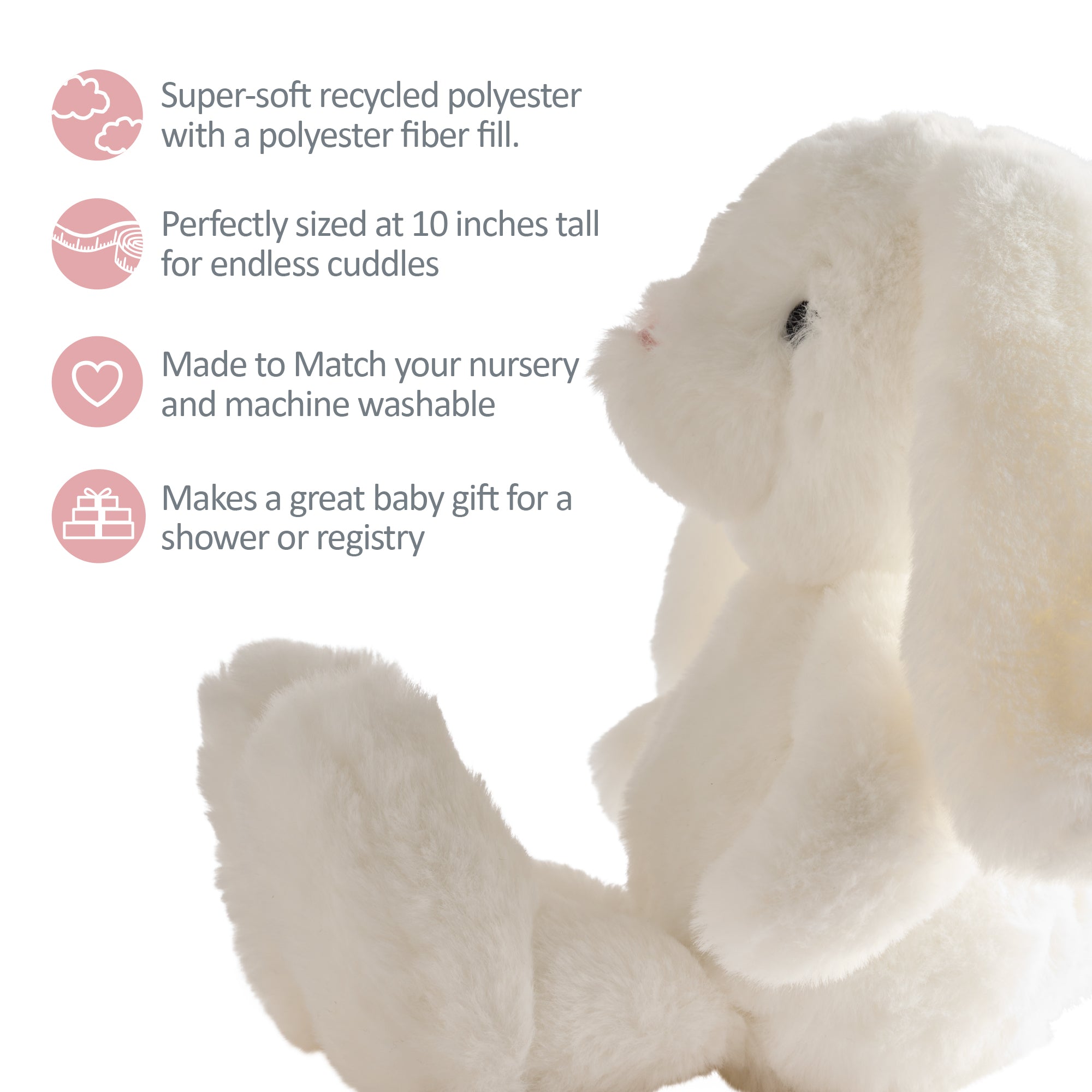 White teddy bear with text about its features on a white background