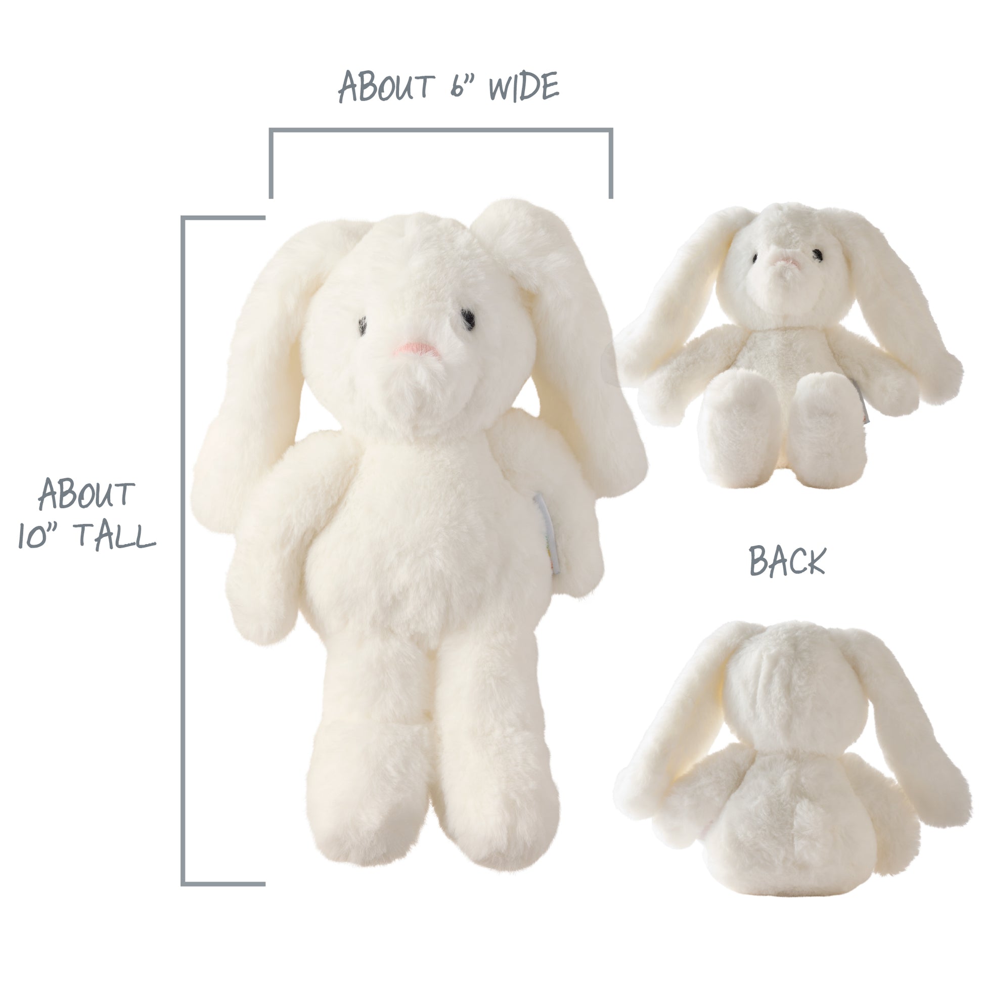 White plush bunny toy with measurements and views on a white background