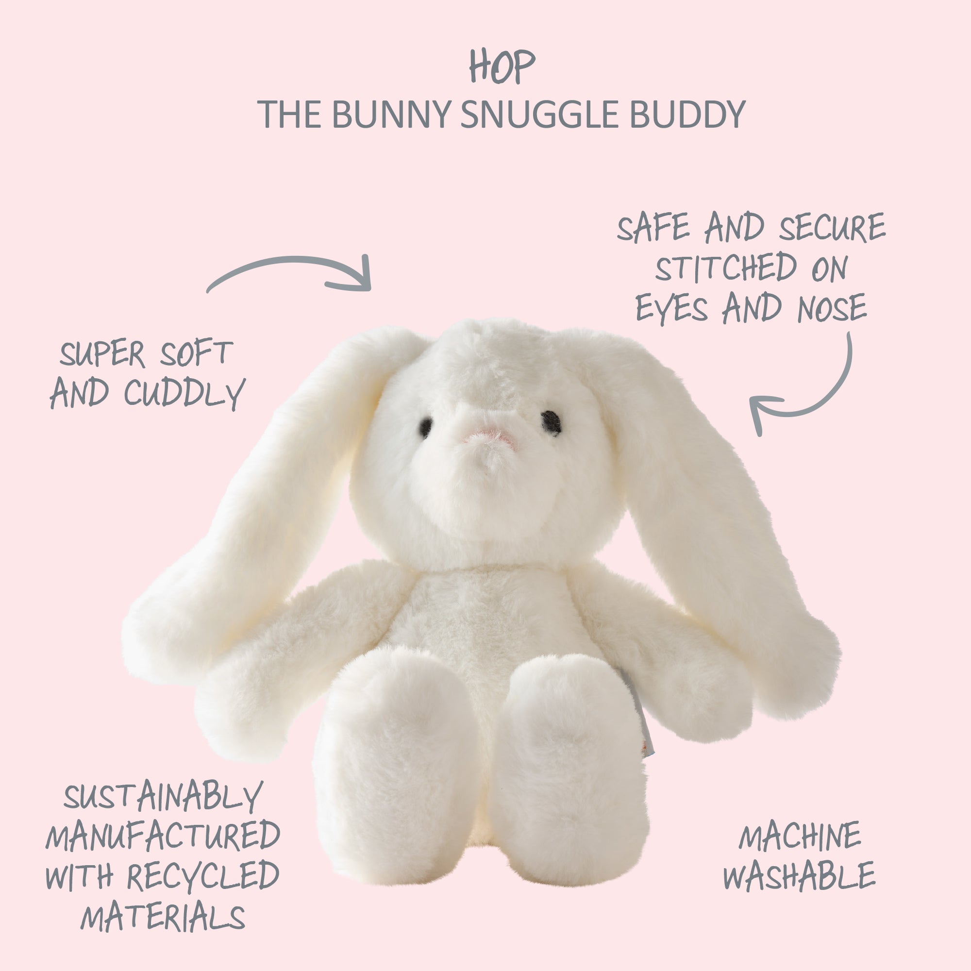 White bunny plush toy with text on a pink background