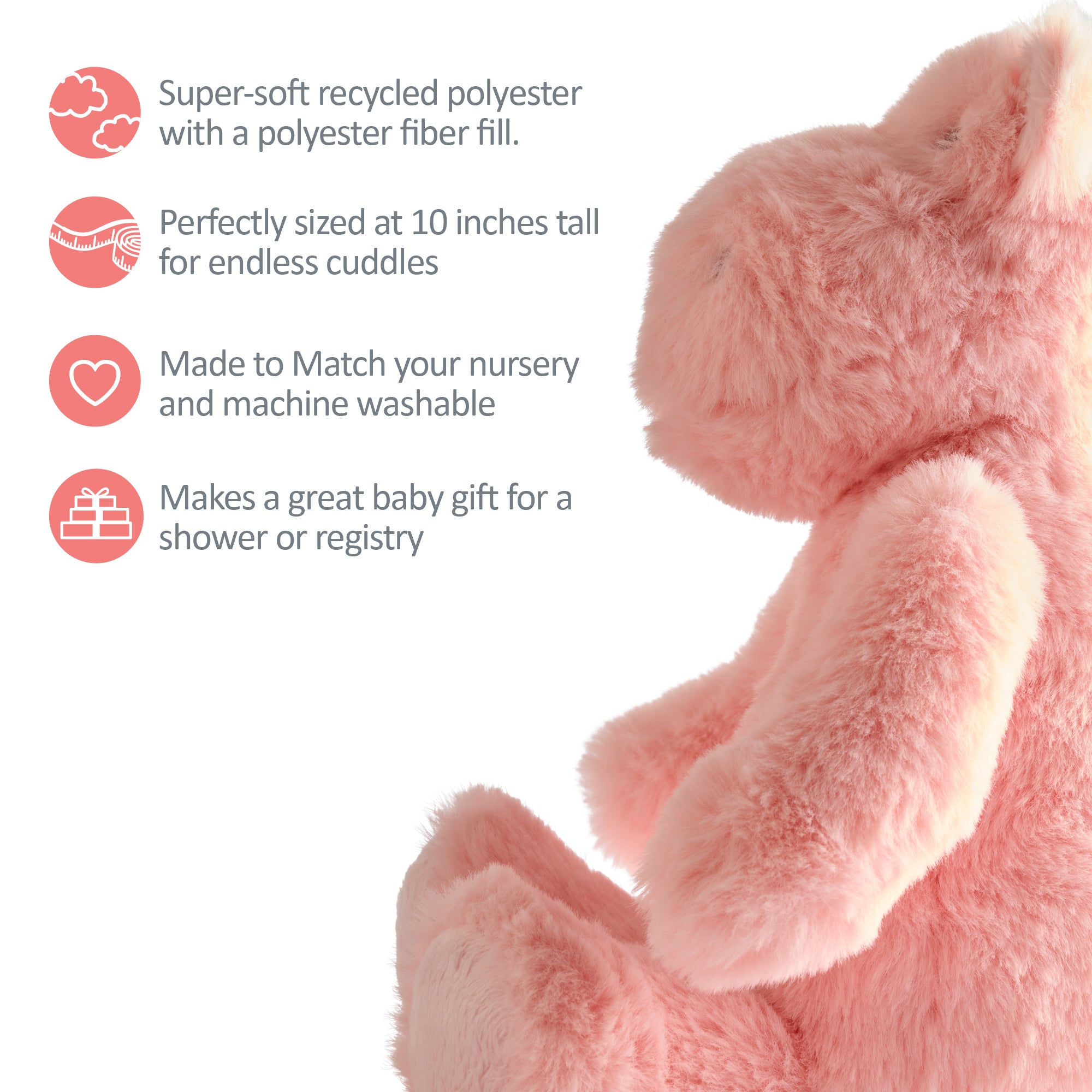 Pink plush toy with text about its features on a white background