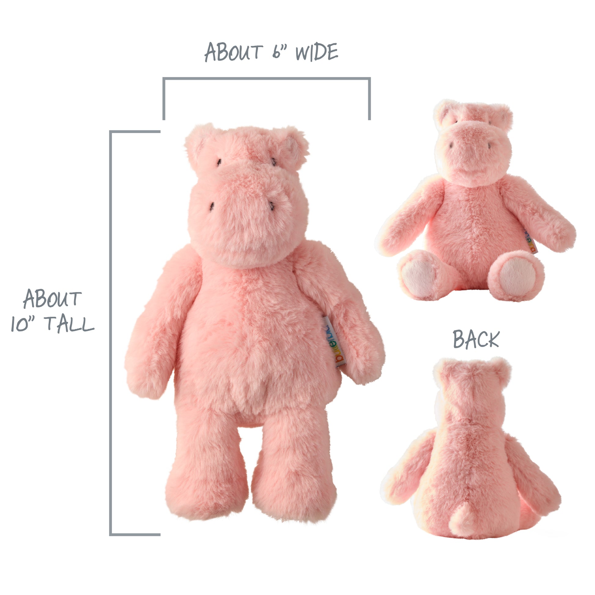 Pink plush bear with measurements and views on a white background