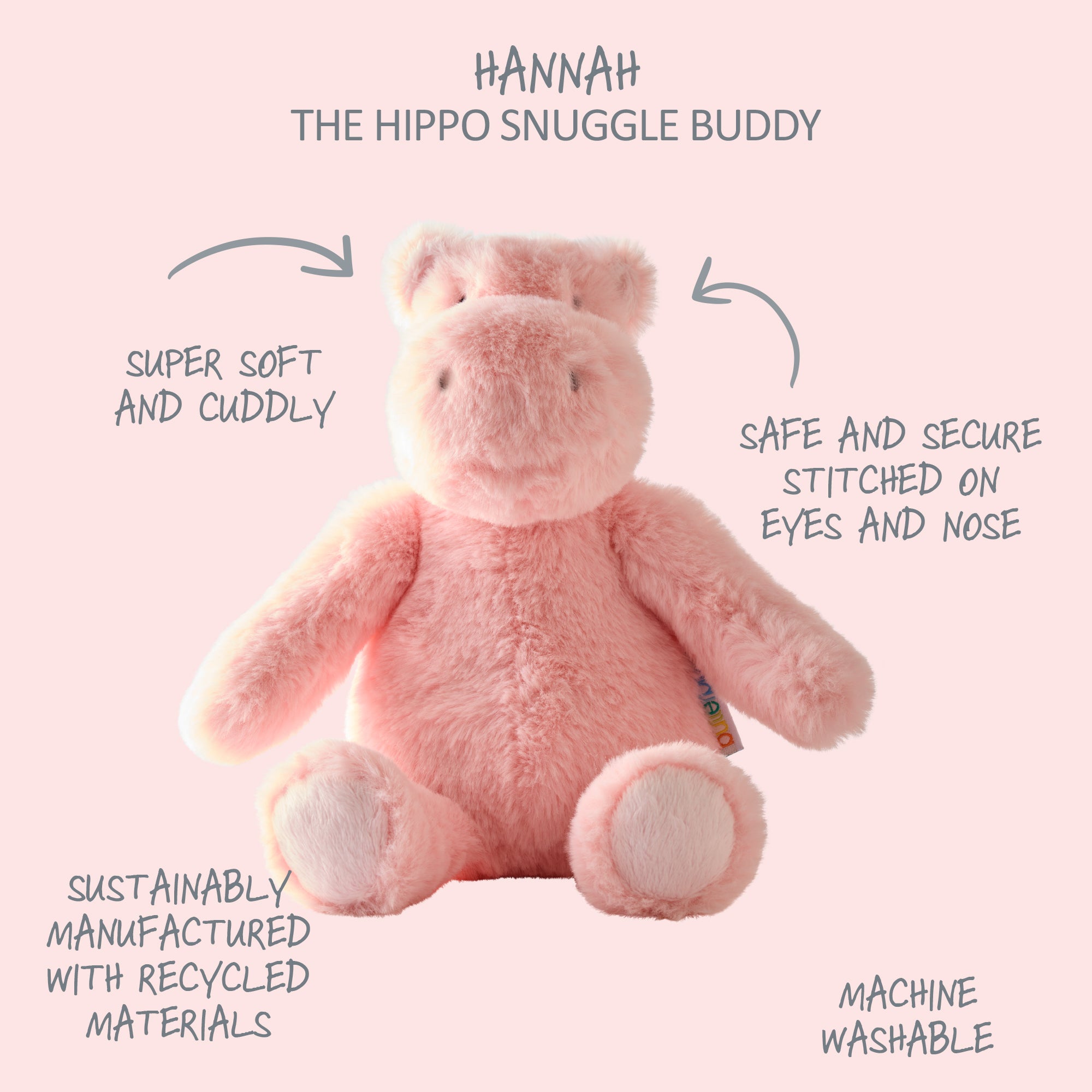 Pink hippo plush toy labeled 'Hannah the Hippo Snuggle Buddy' on a light pink background.