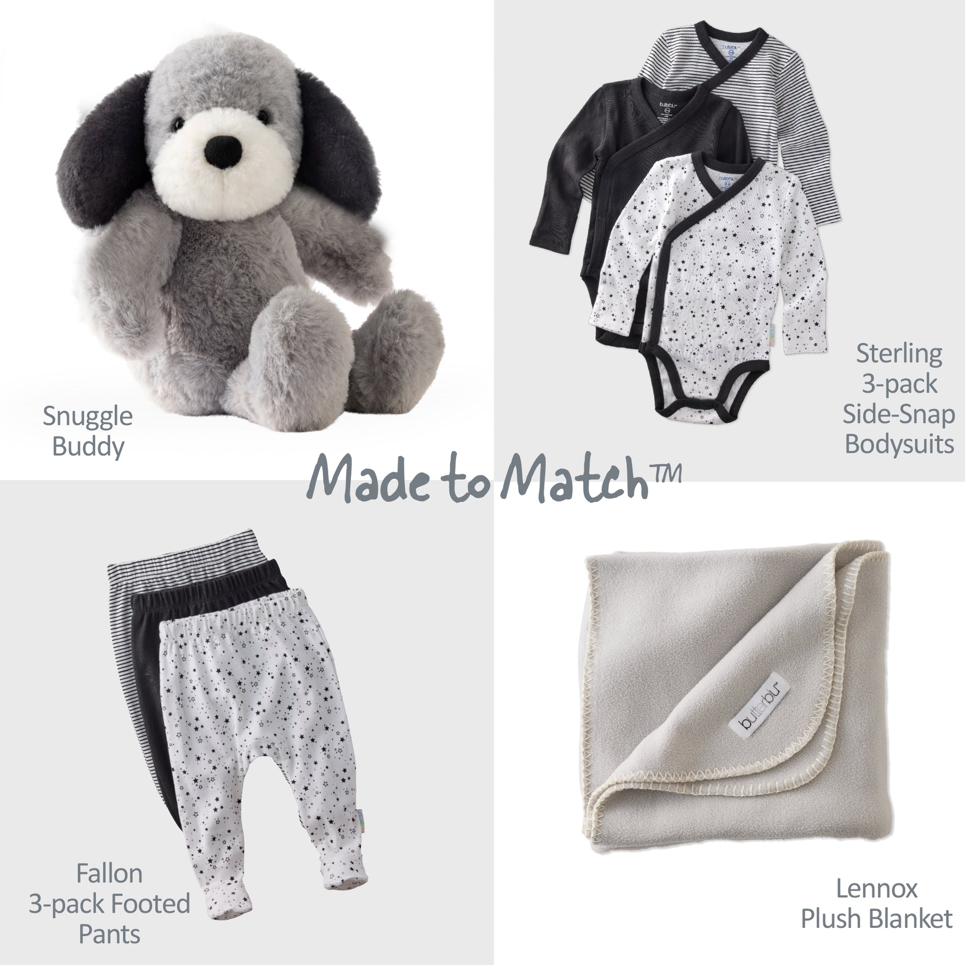 Baby clothing and toy set including a stuffed dog, bodysuits, pants, and blanket with 'Made to Match' text.