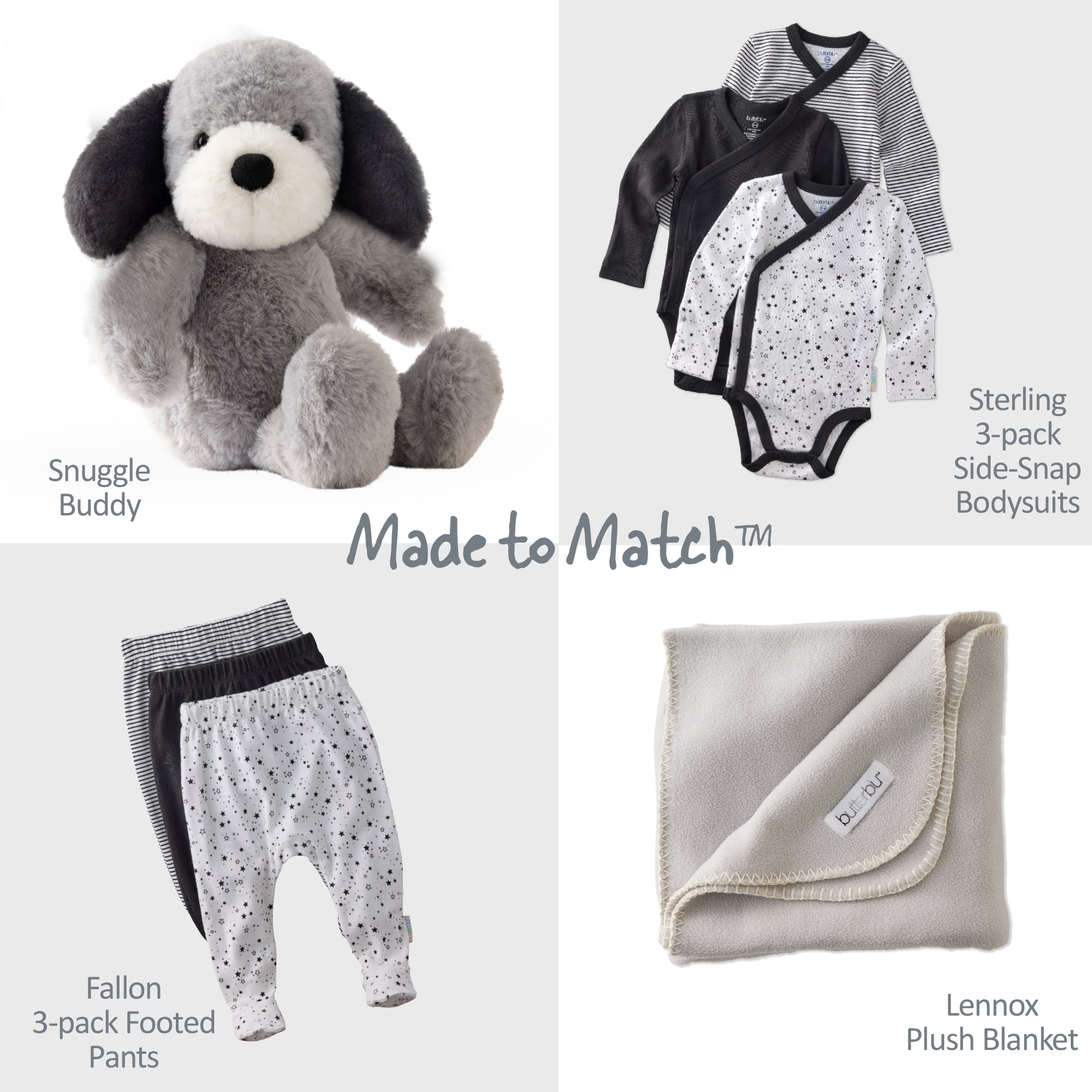 Baby clothing and toy set including a stuffed dog, bodysuits, pants, and blanket with 'Made to Match' text.