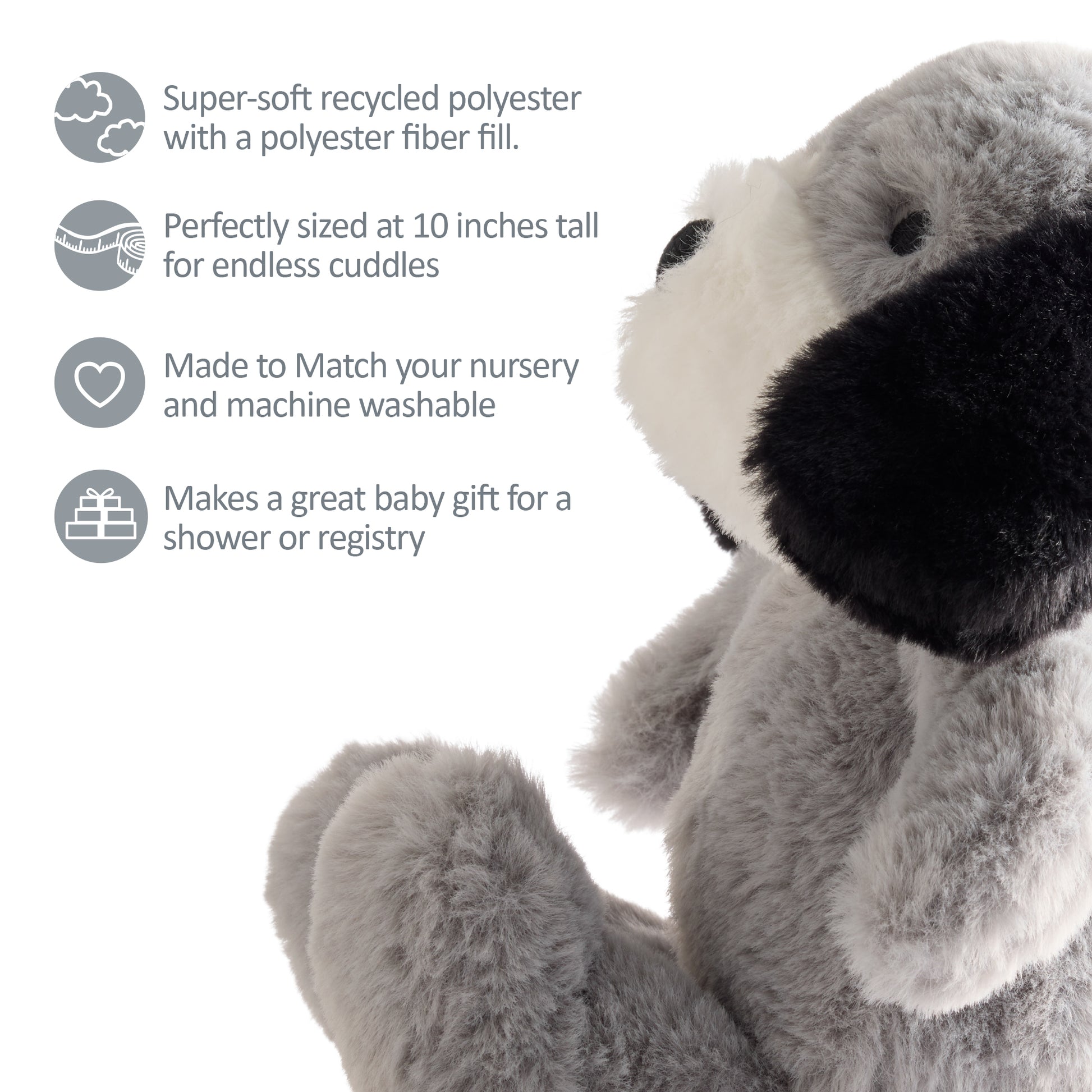 Gray plush dog toy with product features listed on a white background
