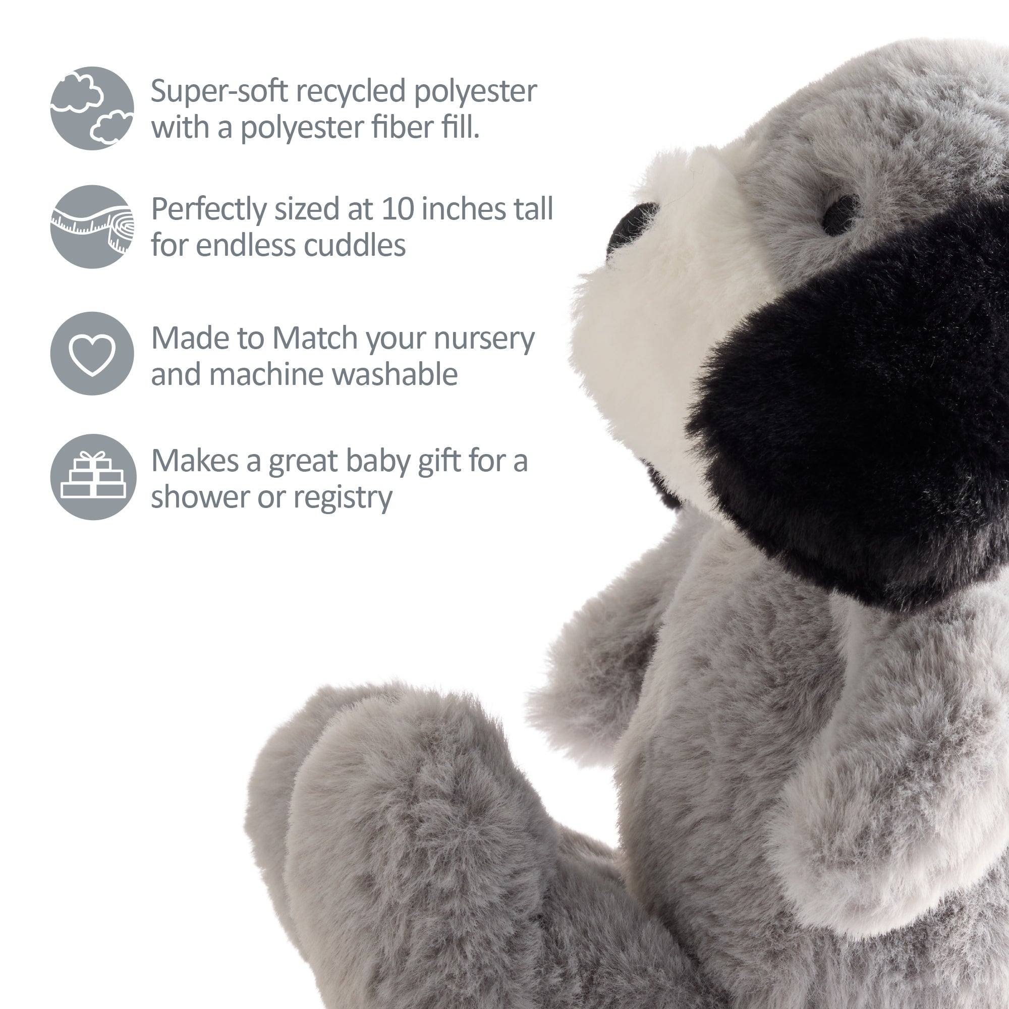 Gray plush dog toy with product features listed on a white background