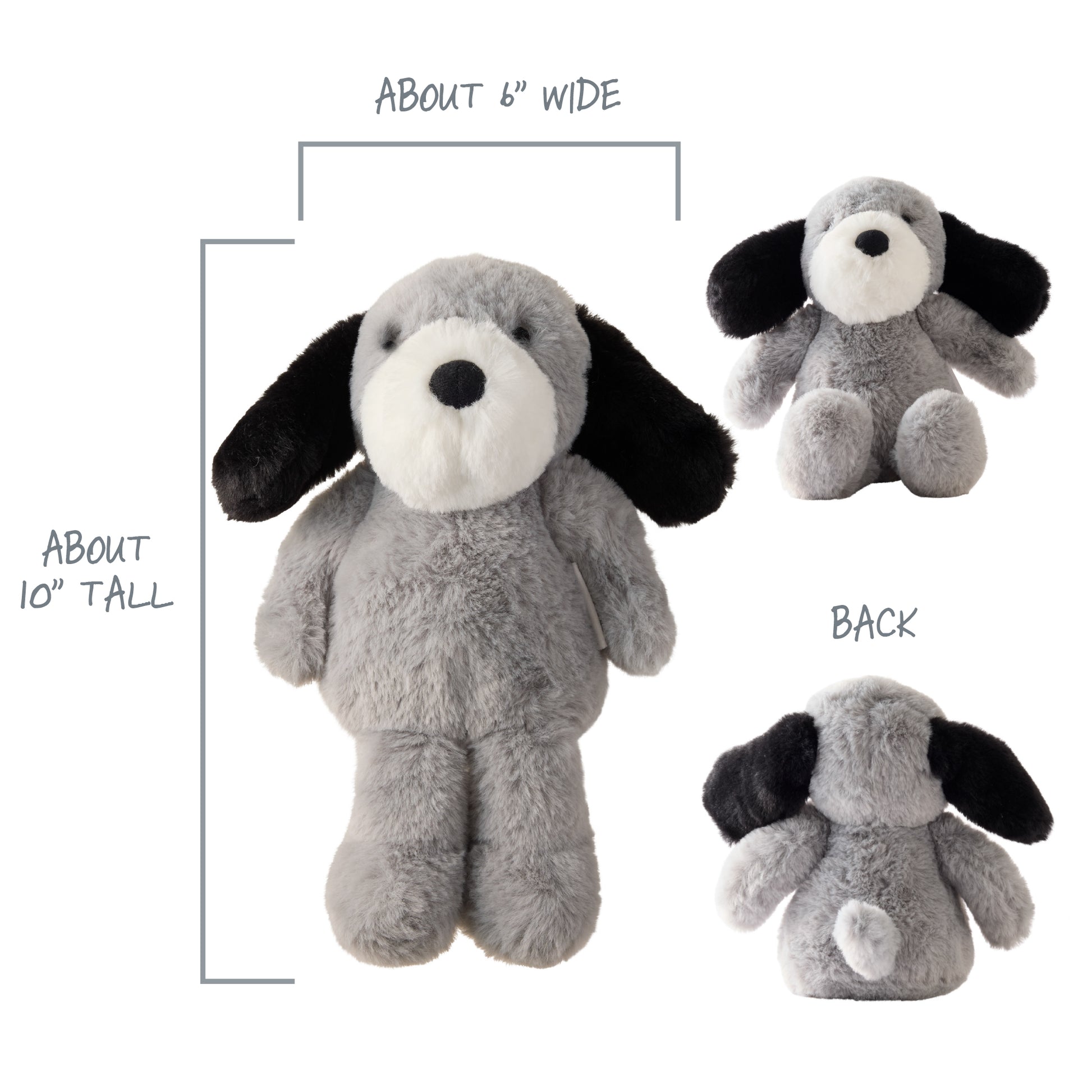 Gray plush dog toy with black ears and white paws, shown from multiple angles with measurements on a white background.
