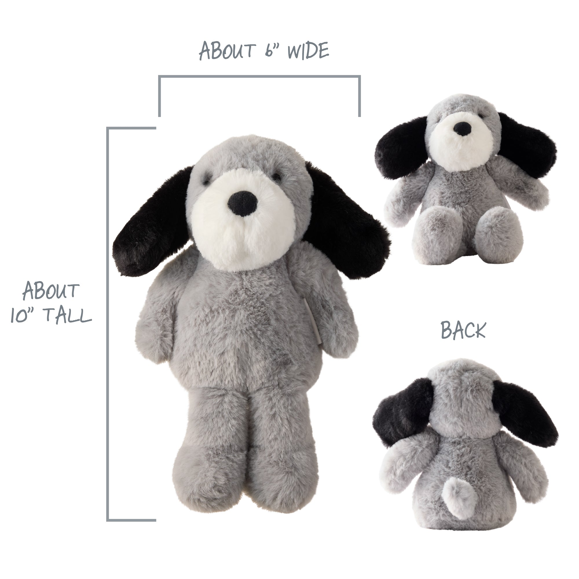 Gray plush dog toy with black ears and white paws, shown from multiple angles with measurements on a white background.