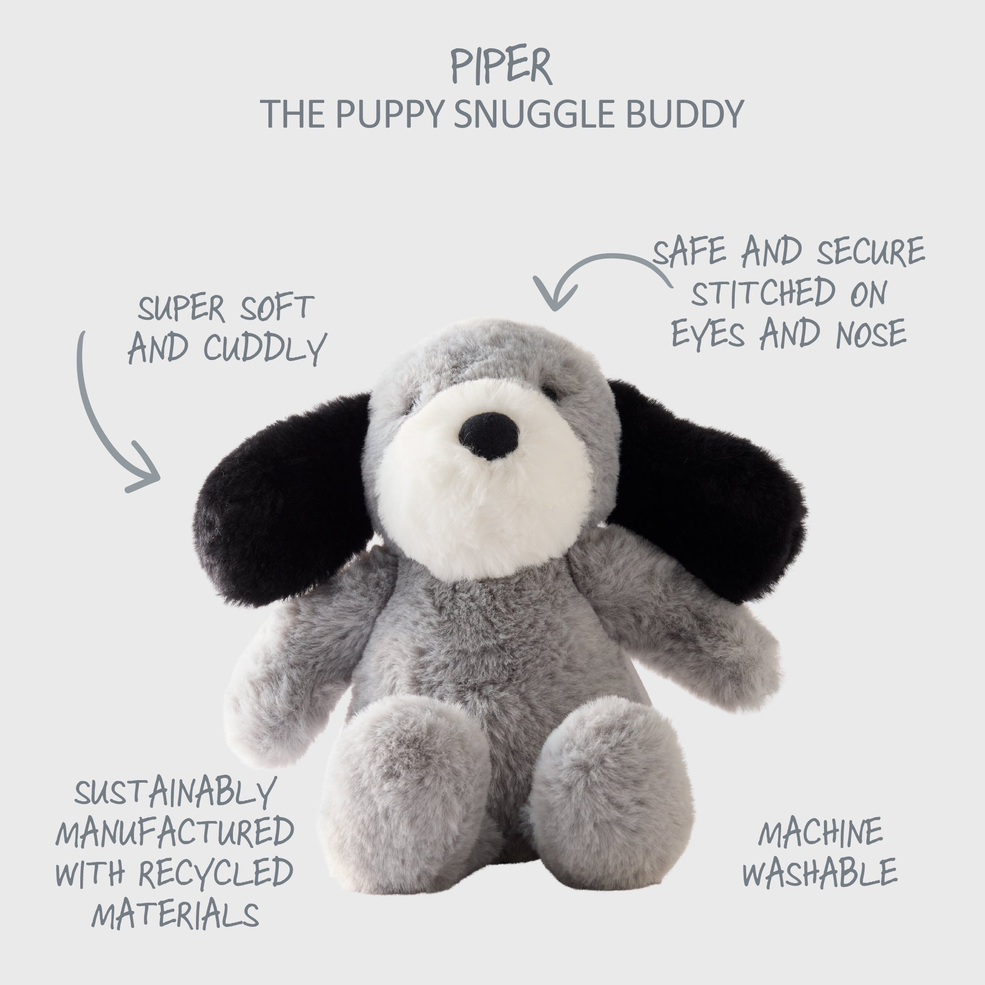 Gray plush dog toy labeled 'Piper the Puppy Snuggle Buddy' on a white background