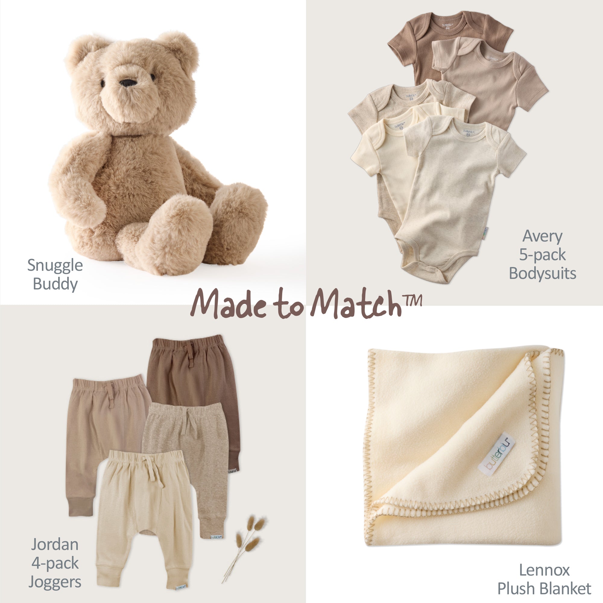 Baby product set including a teddy bear, bodysuits, joggers, and a blanket with 'Made to Match' text.