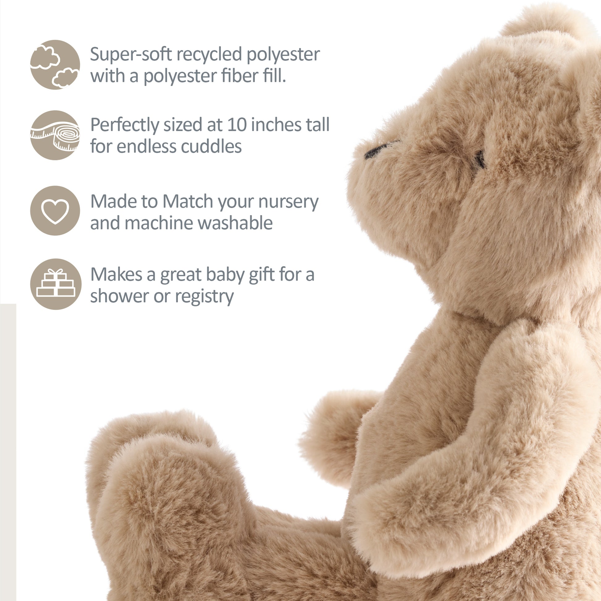 Beige teddy bear with product features listed on a white background