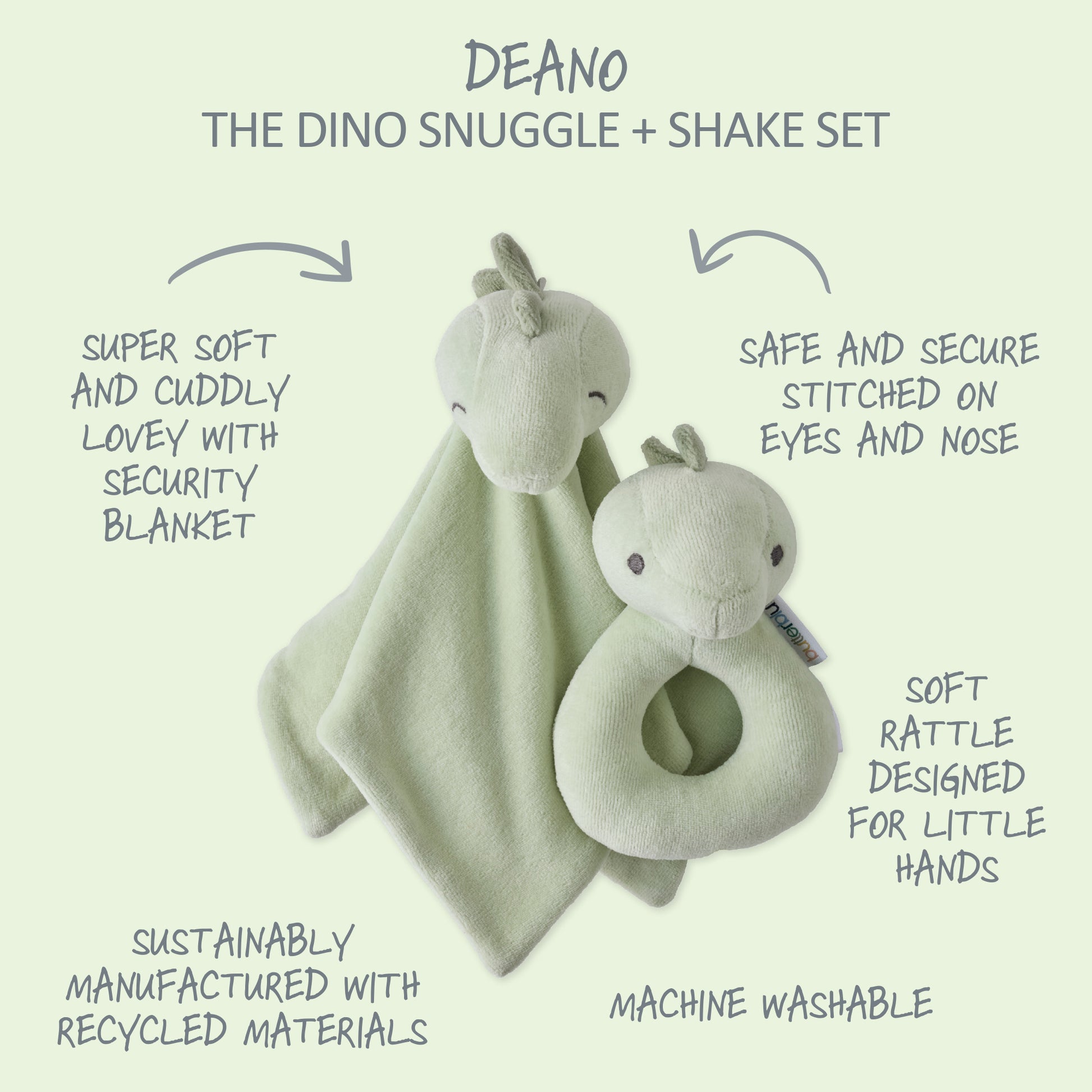 Dino snuggle and shake set with security blanket on a light gray background