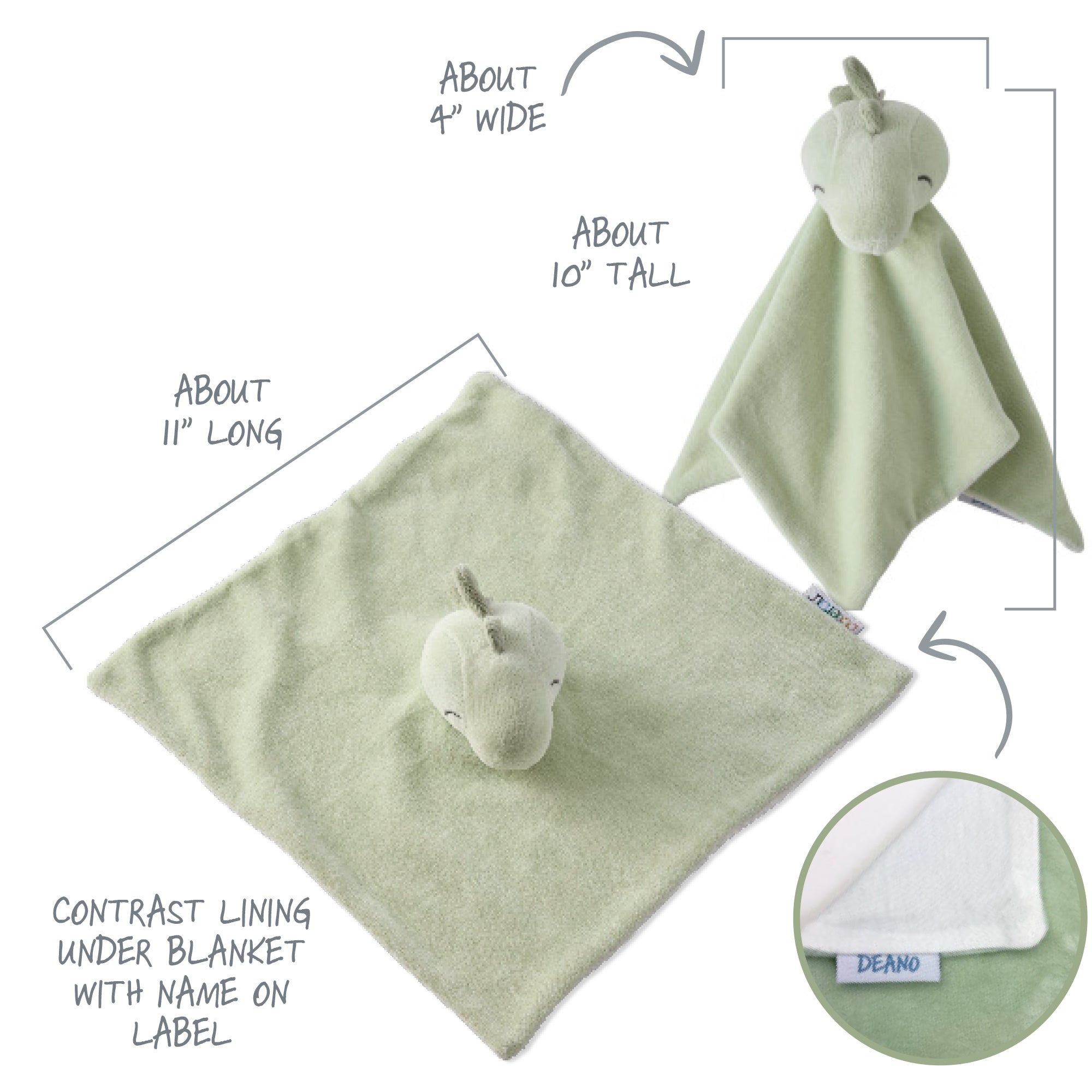 Green security blanket with unicorn toy, labeled dimensions, and DEANO branding.