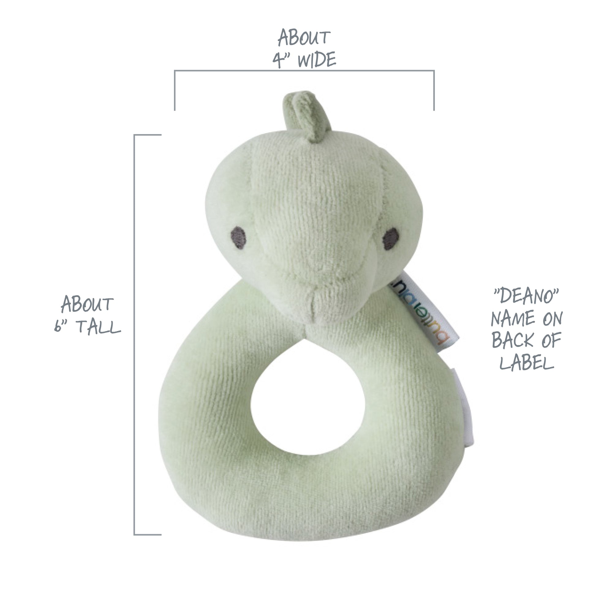 Green plush toy with a ring and measurements on a white background