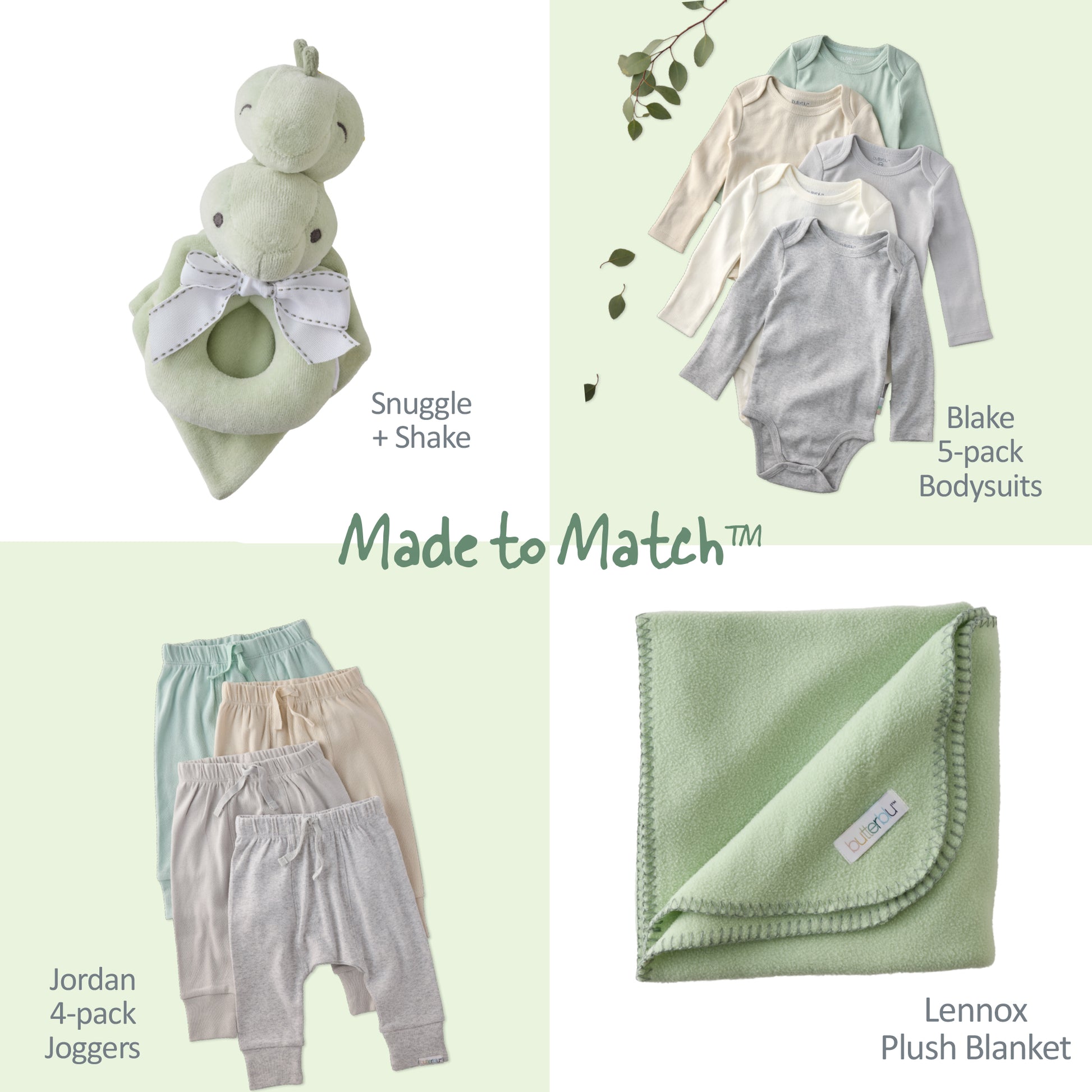 Baby clothing and toy set with 'Made to Match' text on a light green background