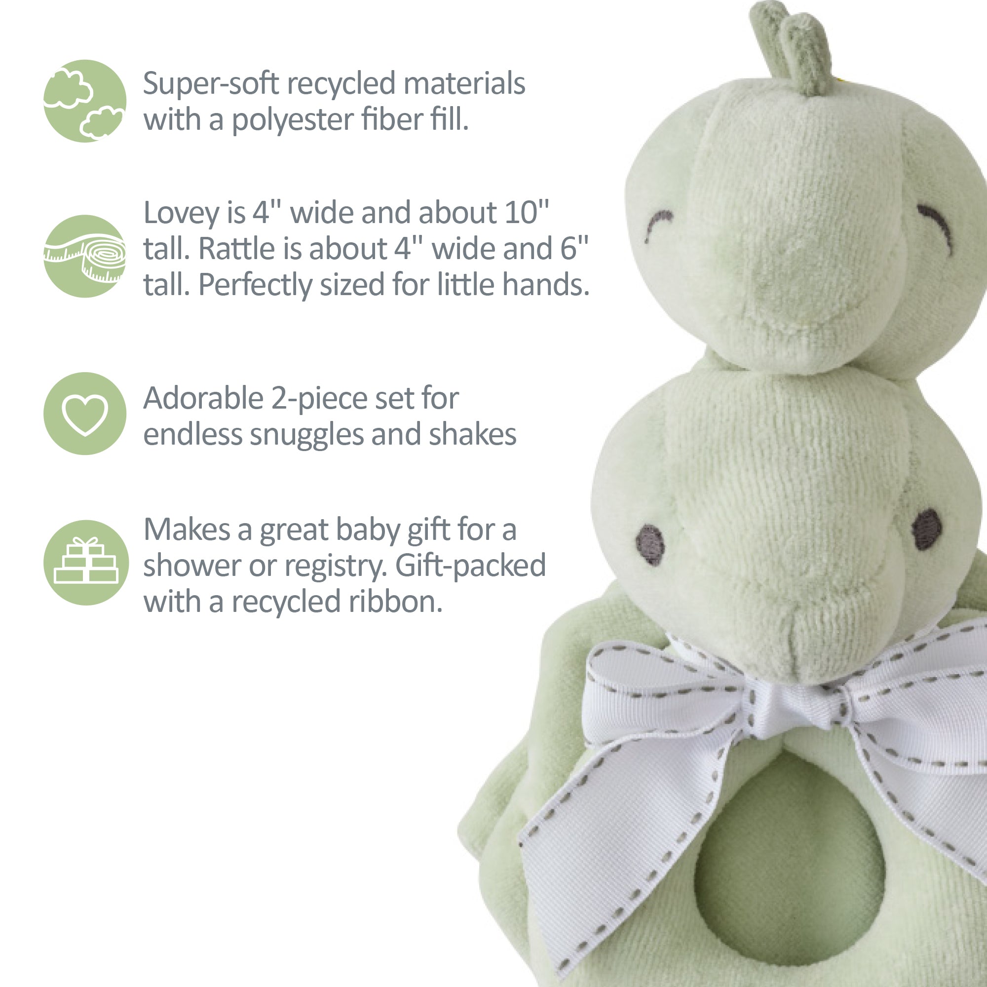 Green plush toy with a white bow and text about its features on a white background