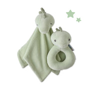 Green baby comfort blanket and rattle set on a white background
