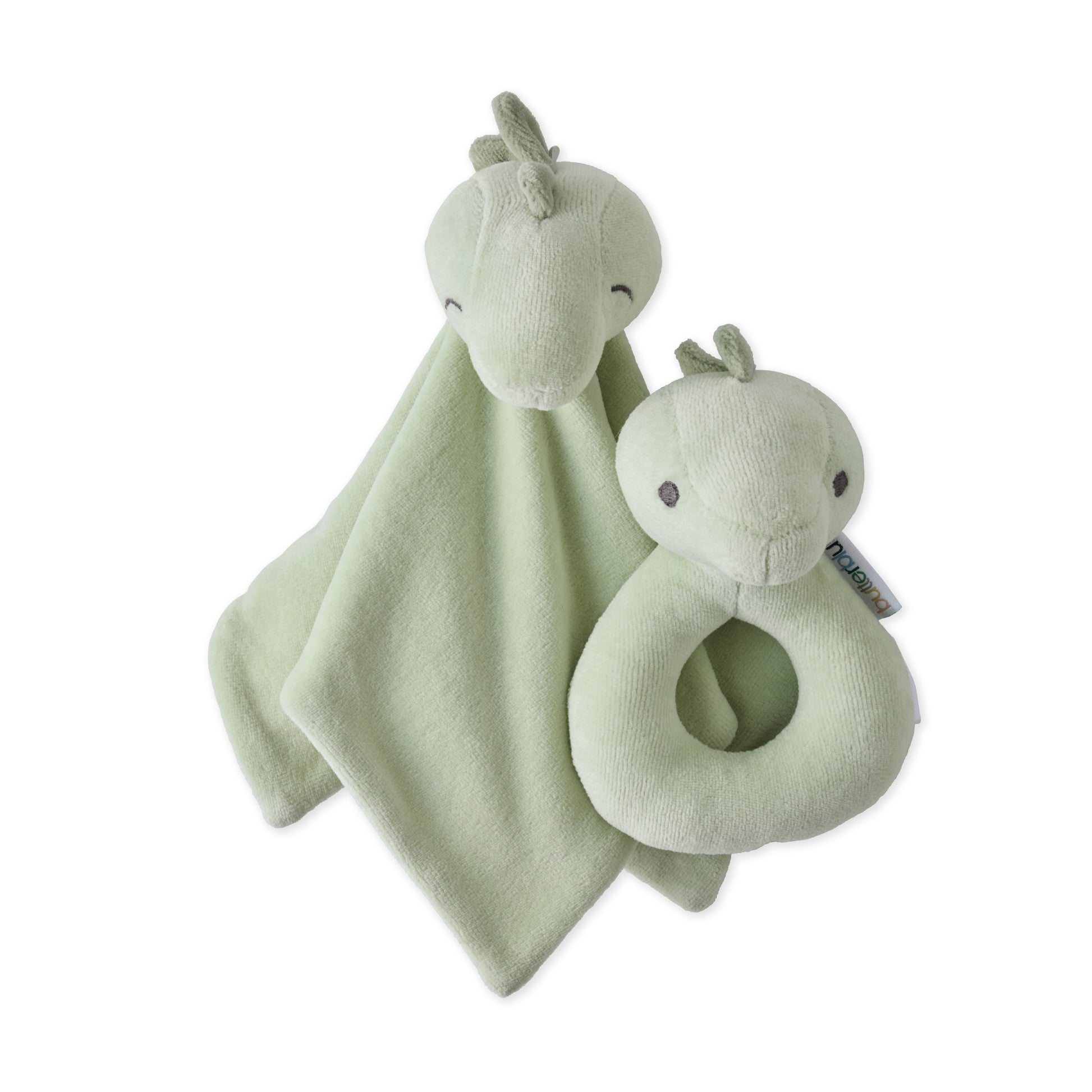 Green baby comfort blanket and rattle set on a white background