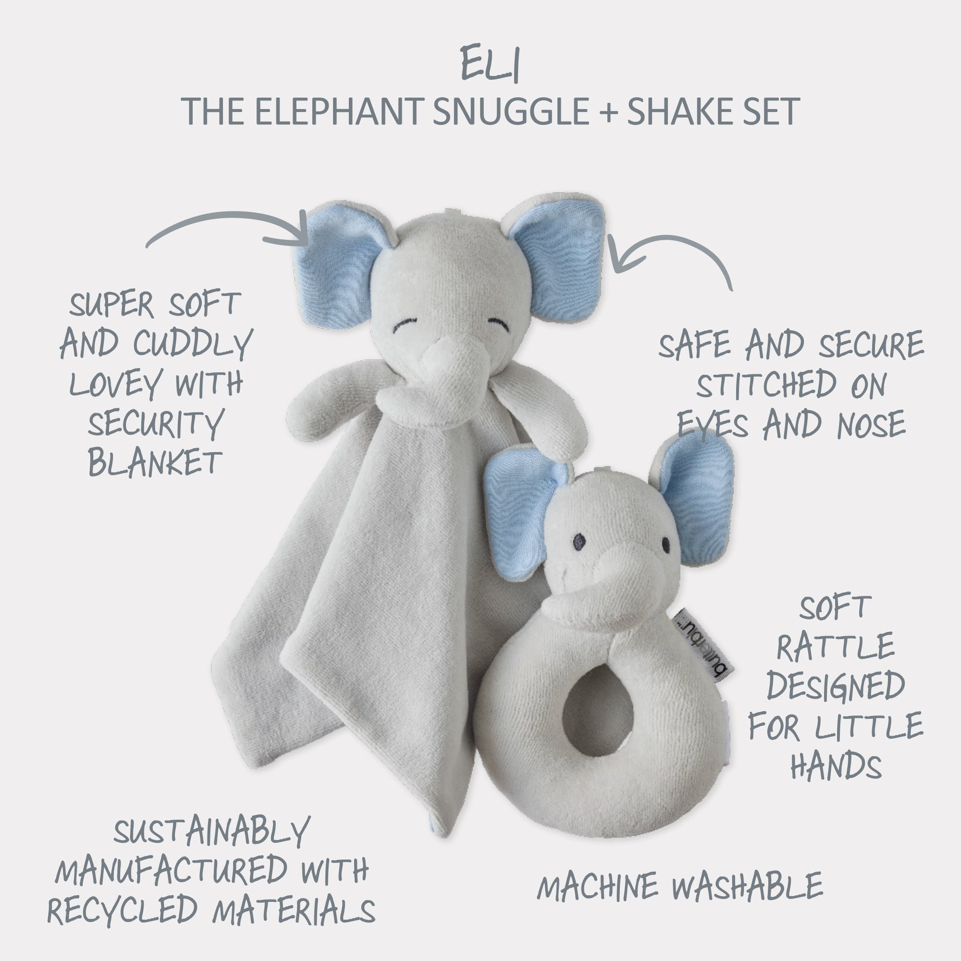Butterblu Snuggle and Shake baby lovey security blanket and rattle set in Eli The Gray Elephant — GOTS-certified organic cotton newborn comfort toy