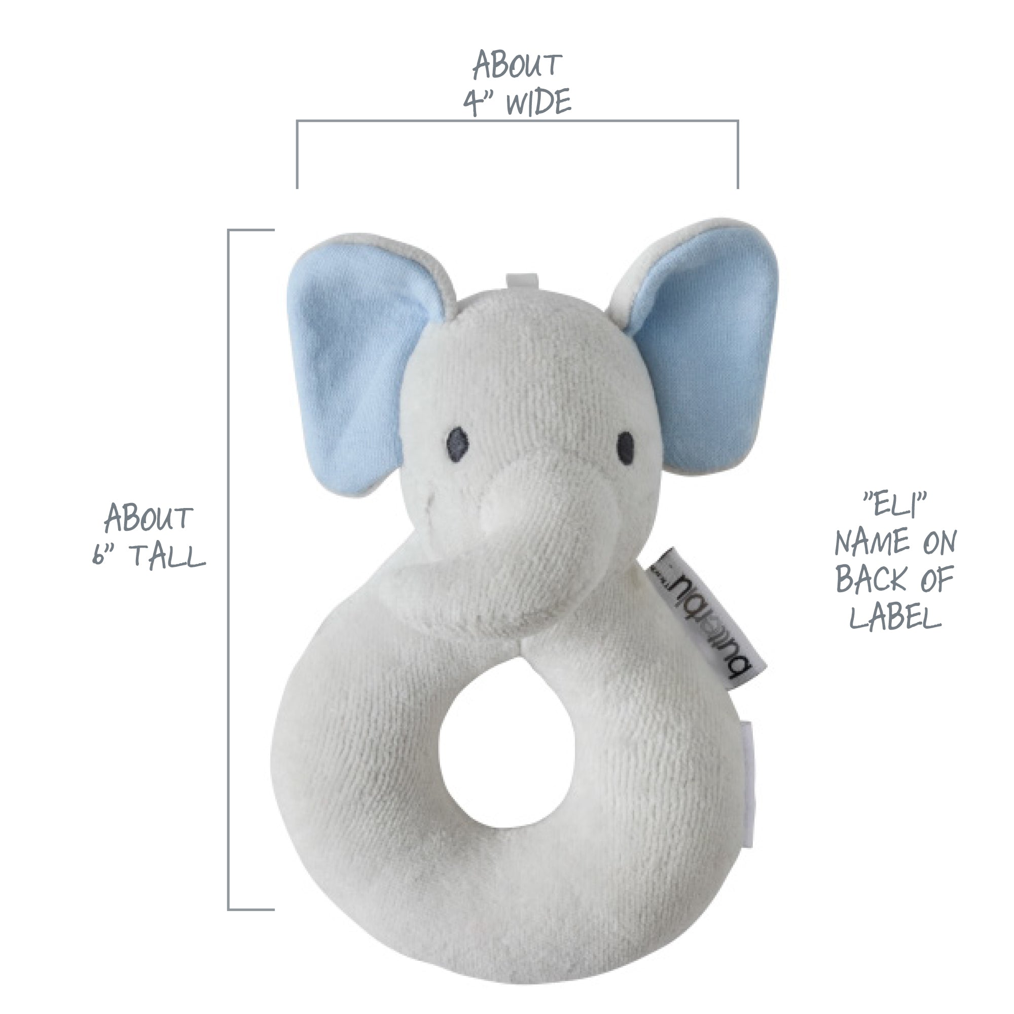 Butterblu Snuggle and Shake baby lovey security blanket and rattle set in Eli The Gray Elephant — GOTS-certified organic cotton newborn comfort toy