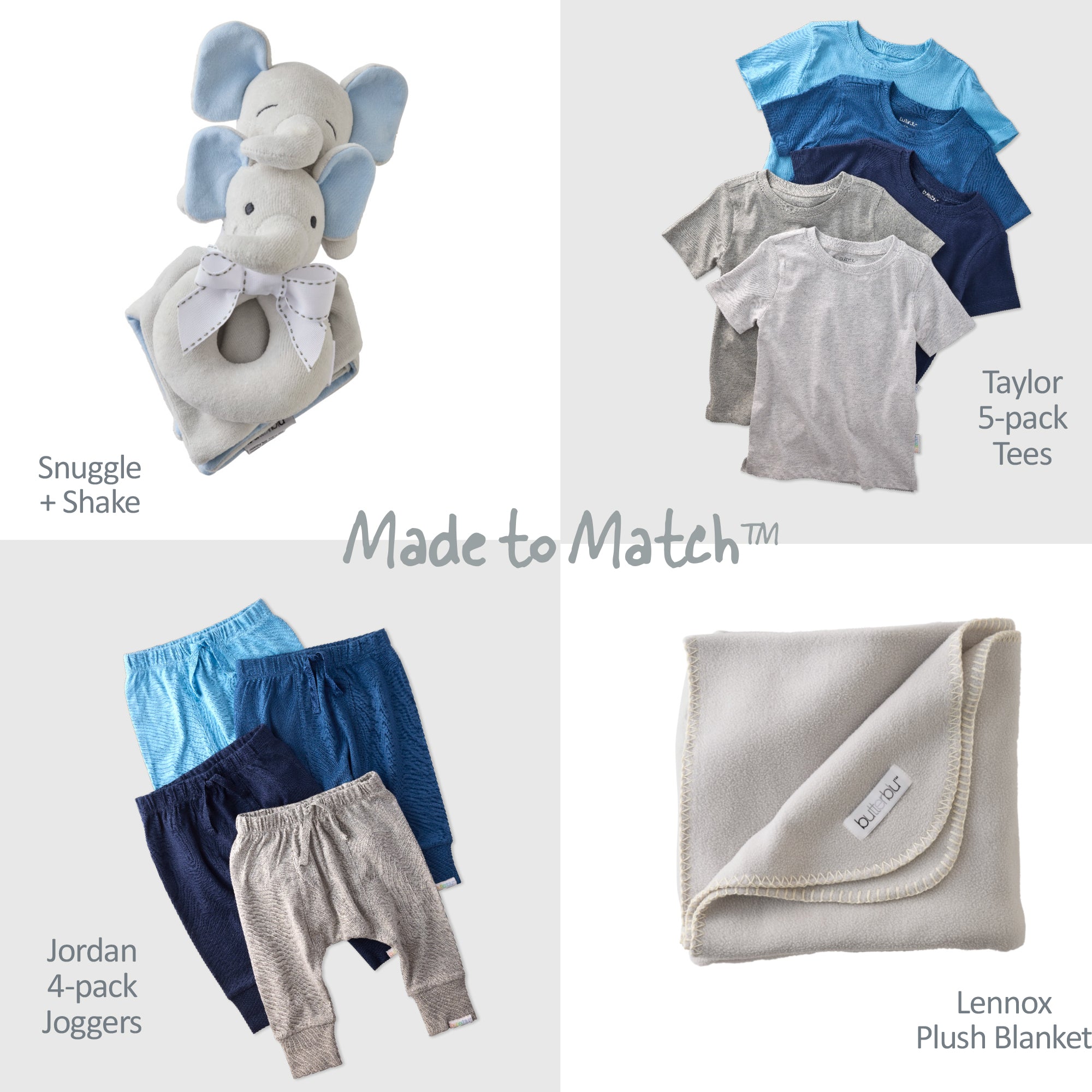 Butterblu Snuggle and Shake baby lovey security blanket and rattle set in Eli The Gray Elephant — GOTS-certified organic cotton newborn comfort toy
