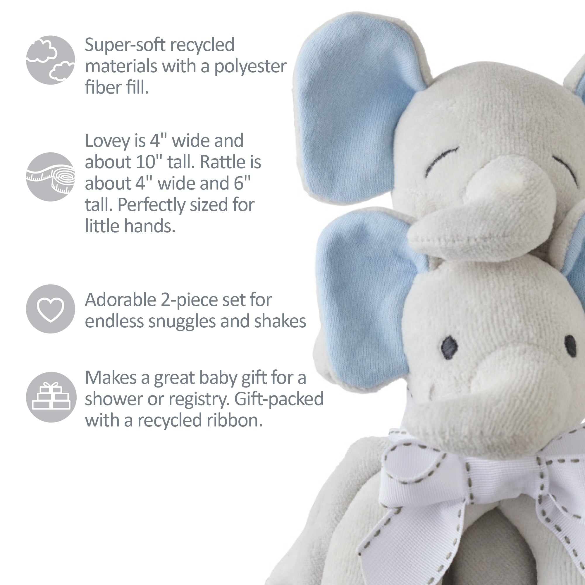 Butterblu Snuggle and Shake baby lovey security blanket and rattle set in Eli The Gray Elephant — GOTS-certified organic cotton newborn comfort toy