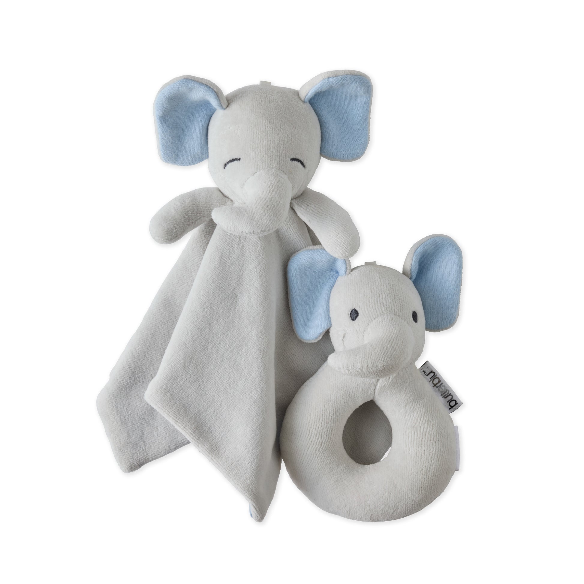 Butterblu Snuggle and Shake baby lovey security blanket and rattle set in Eli The Gray Elephant — GOTS-certified organic cotton newborn comfort toy