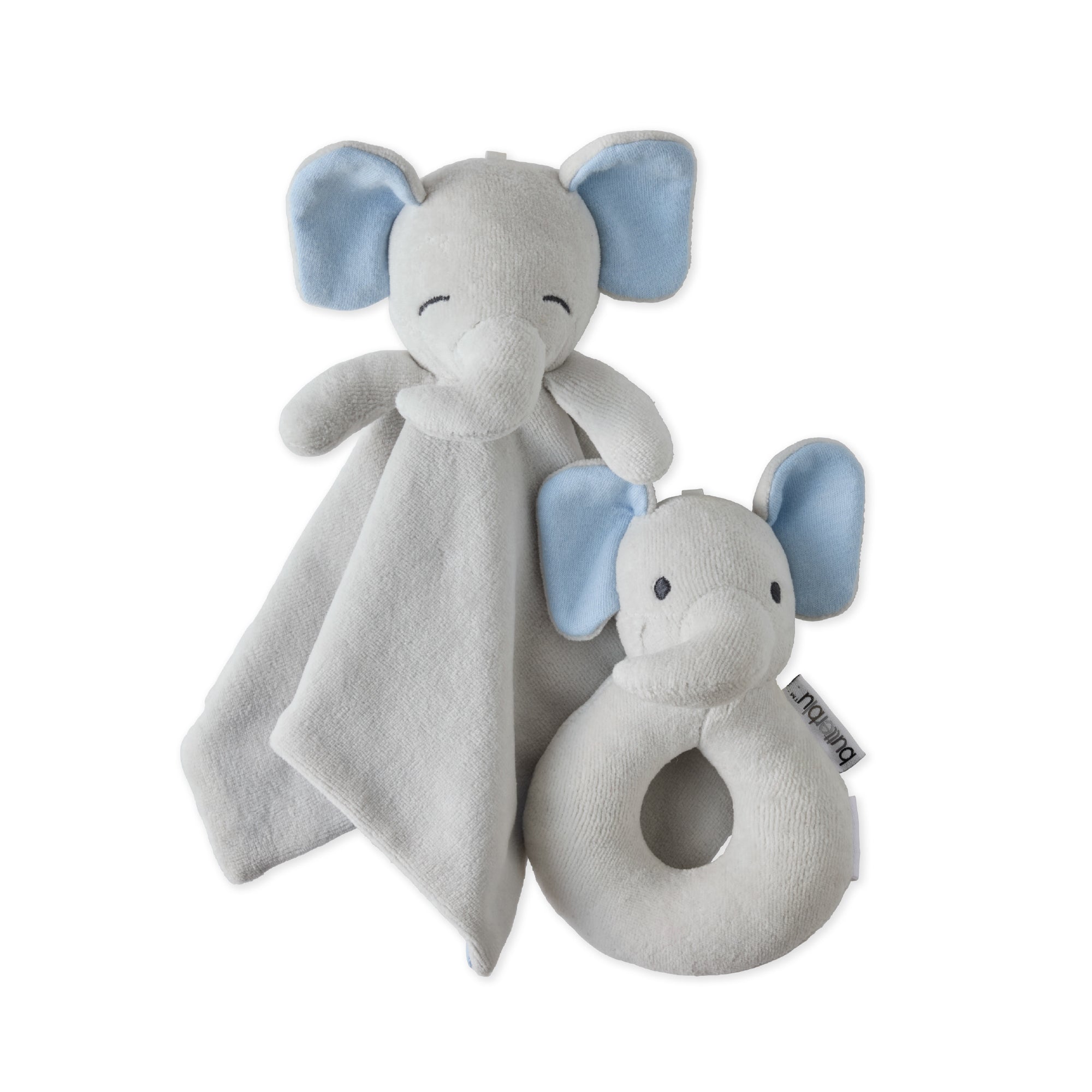 Butterblu Snuggle and Shake baby lovey security blanket and rattle set in Eli The Gray Elephant — GOTS-certified organic cotton newborn comfort toy