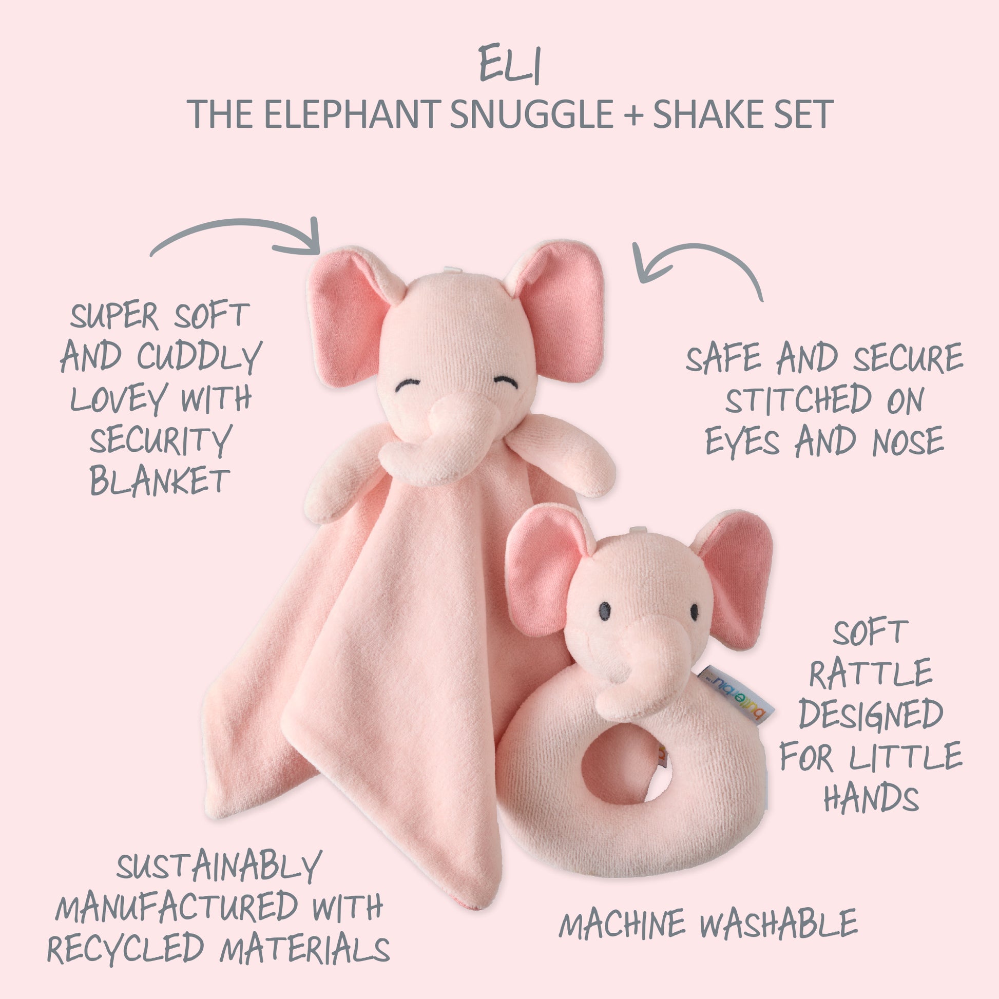 Pink elephant snuggle and shake set with text describing features on a white background