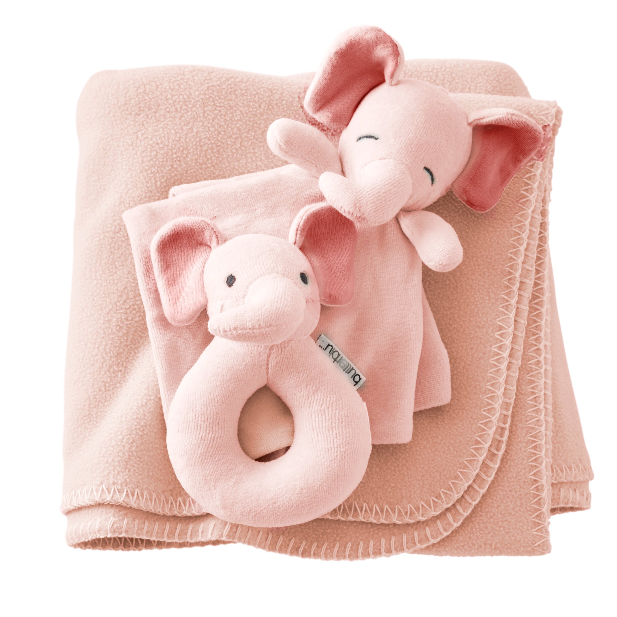 Pink elephant plush toy with rattle and blanket on a white background