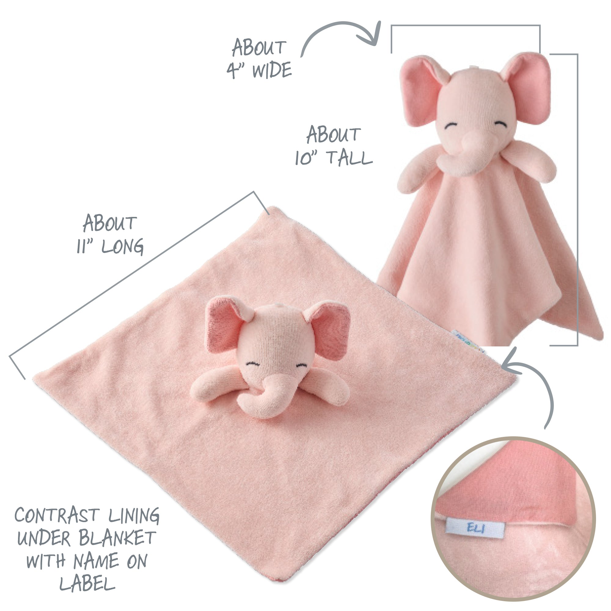 Pink elephant plush toy with matching blanket, showing dimensions and a close-up of the label.