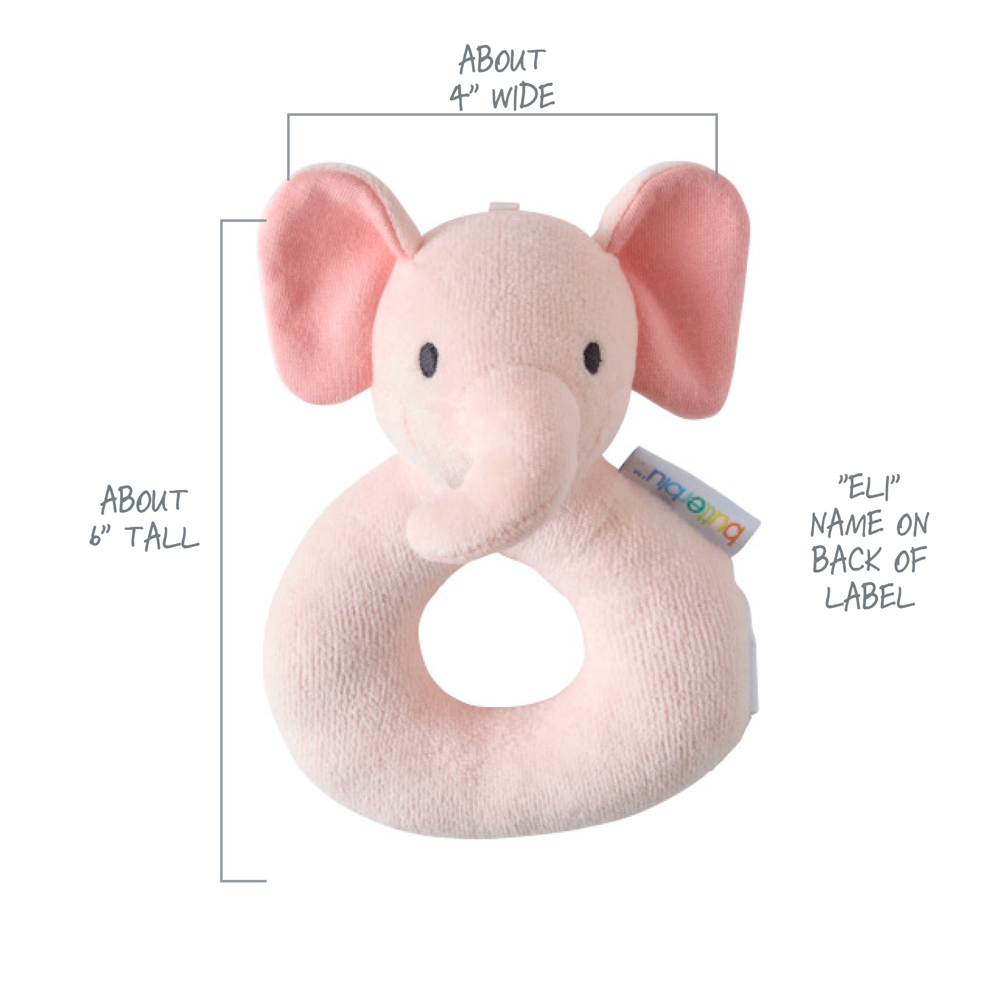 Pink elephant rattle toy with text indicating size and brand on a white background