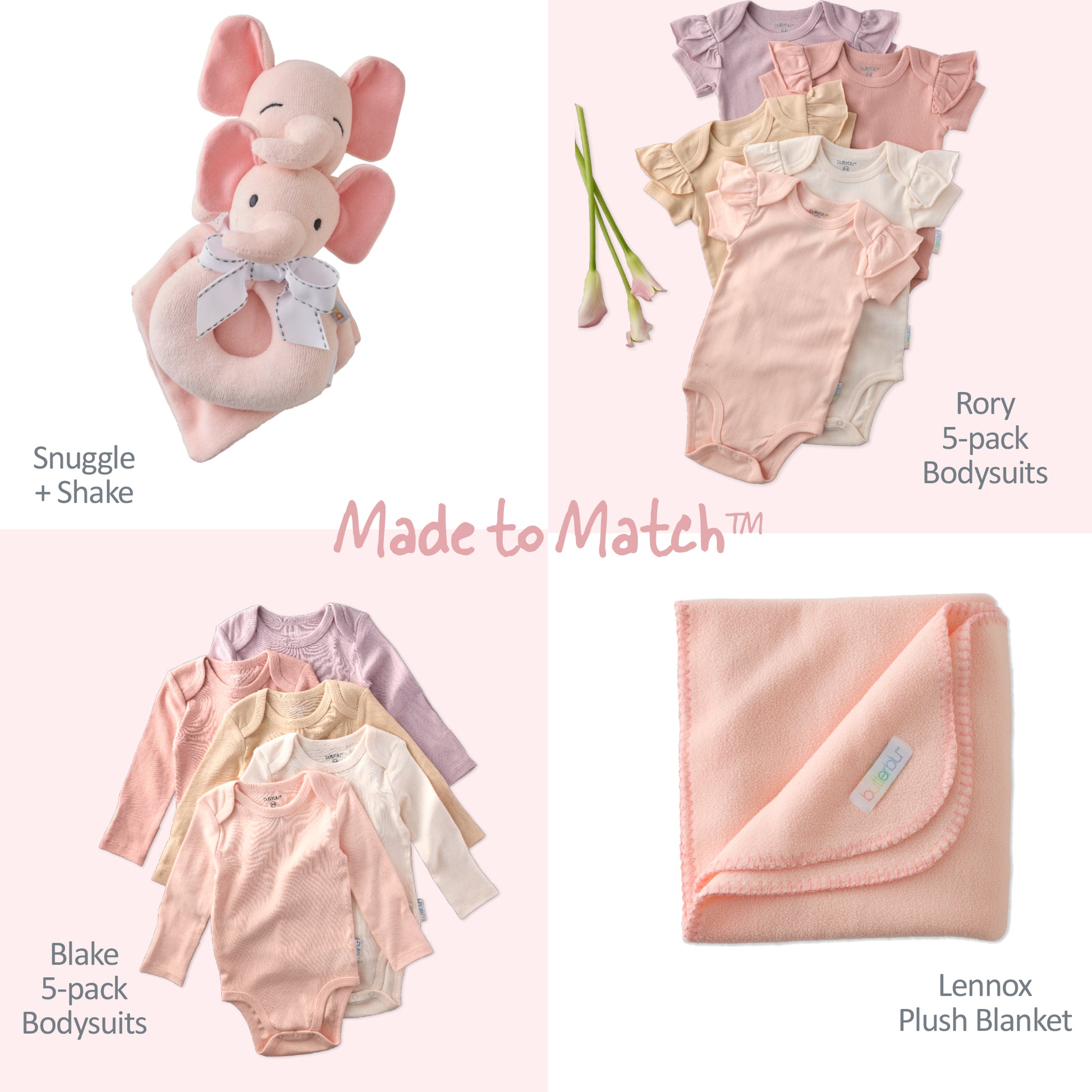 Baby clothing and toy set with 'Made to Match' text on a pink background