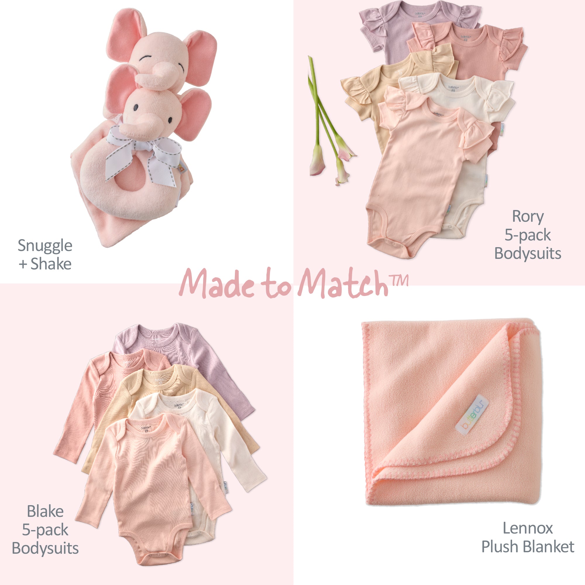 Baby clothing and toy set with 'Made to Match' text on a pink background