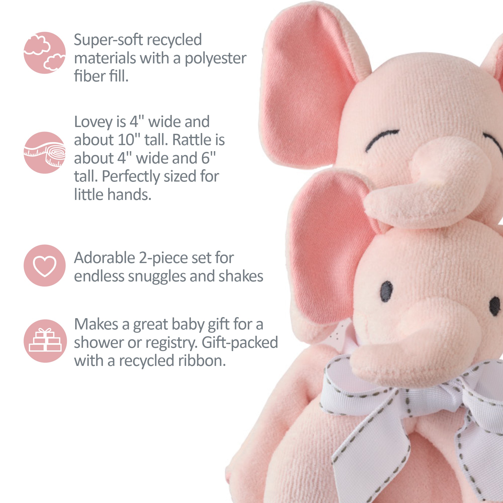 Pink plush elephant toy with text about its features on a white background