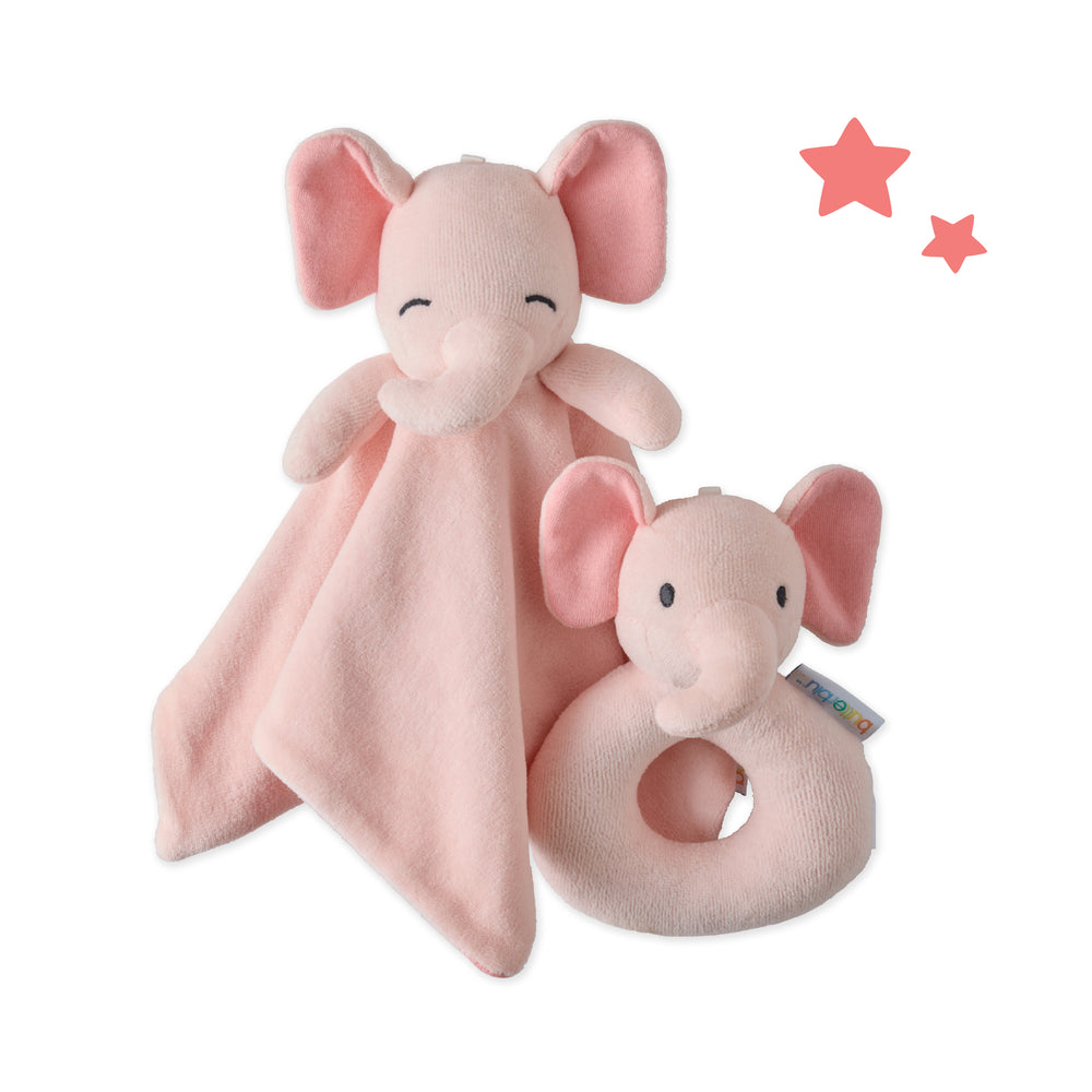 Pink elephant plush toy with blanket and ring on a white background