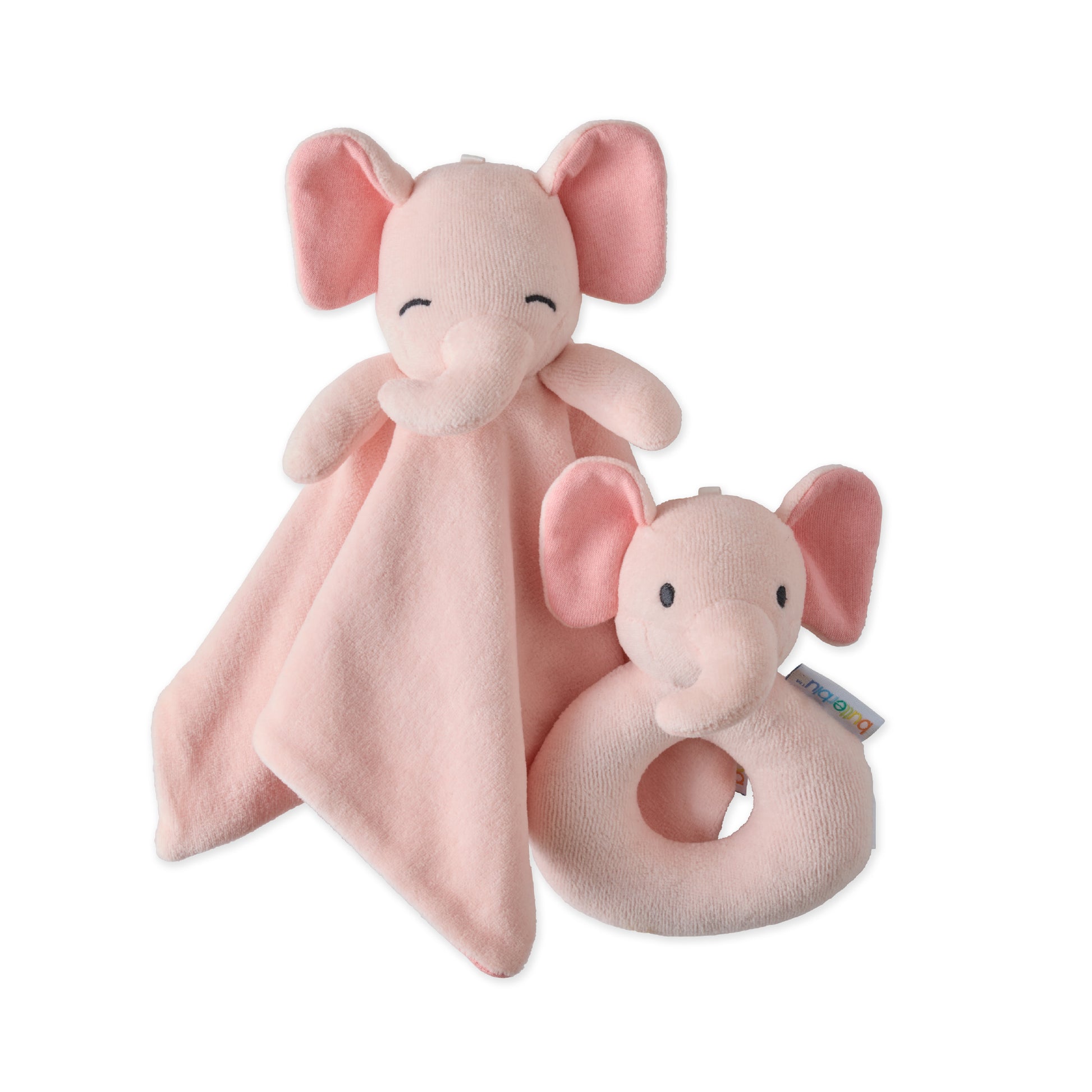 Pink elephant plush toy with blanket and rattle on a white background