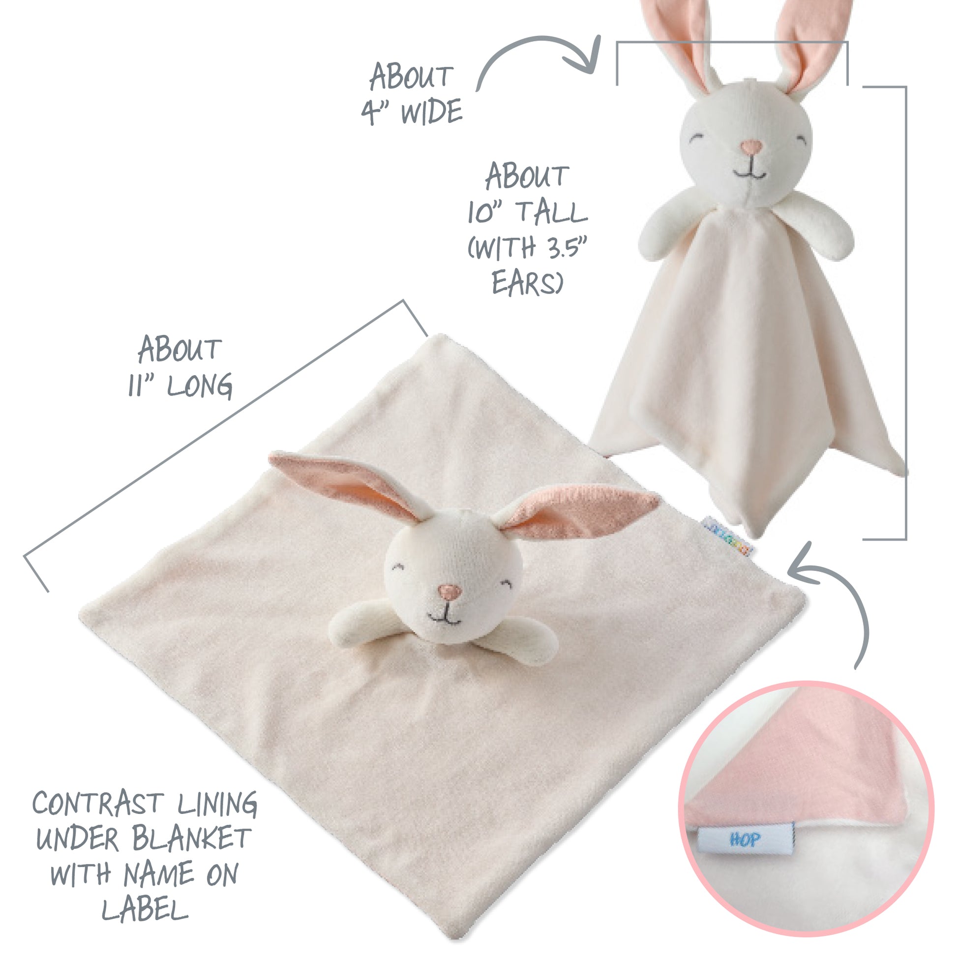 Measurement chart of a plush bunny toy and blanket with text labels on a white background