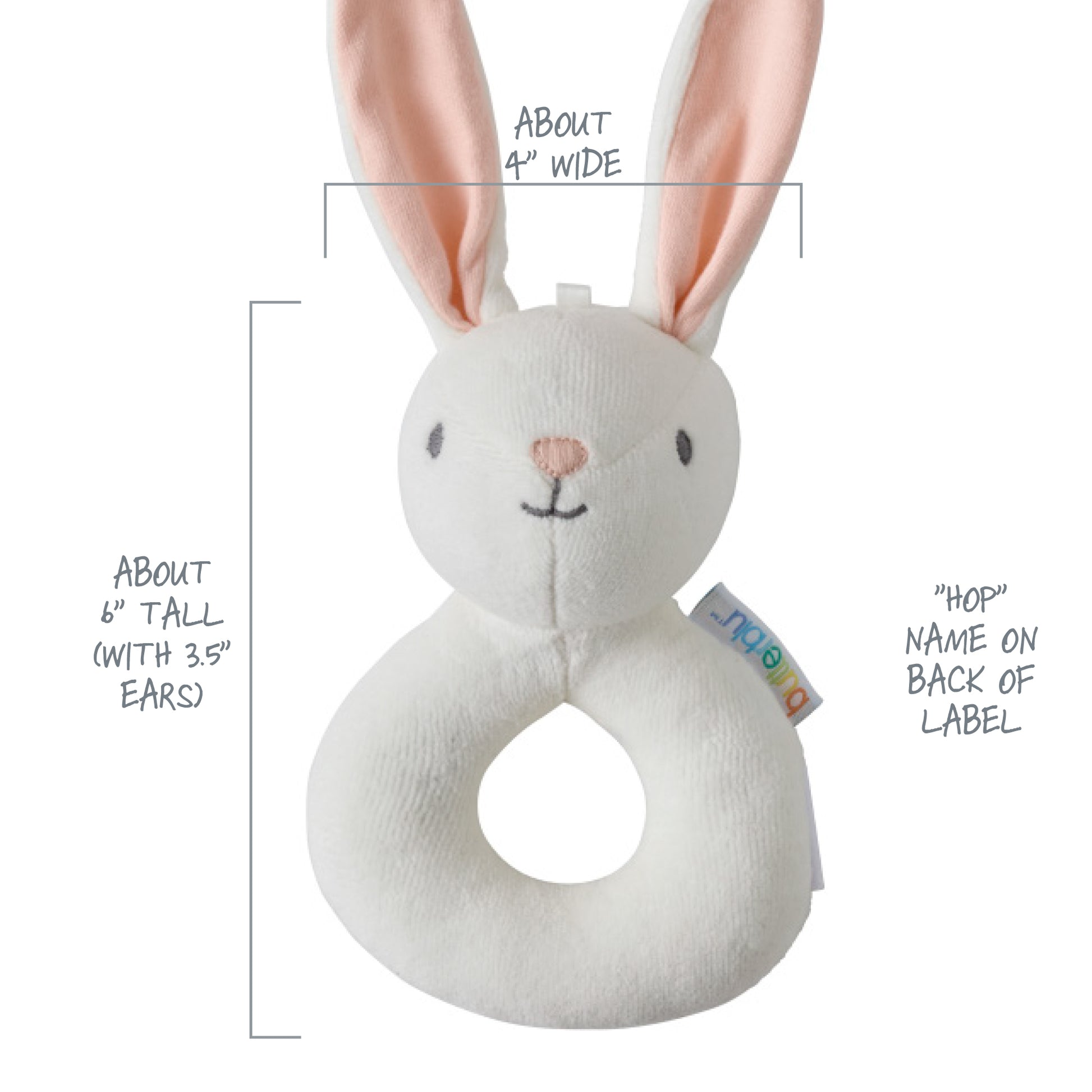 White plush bunny rattle with measurements and text on a white background